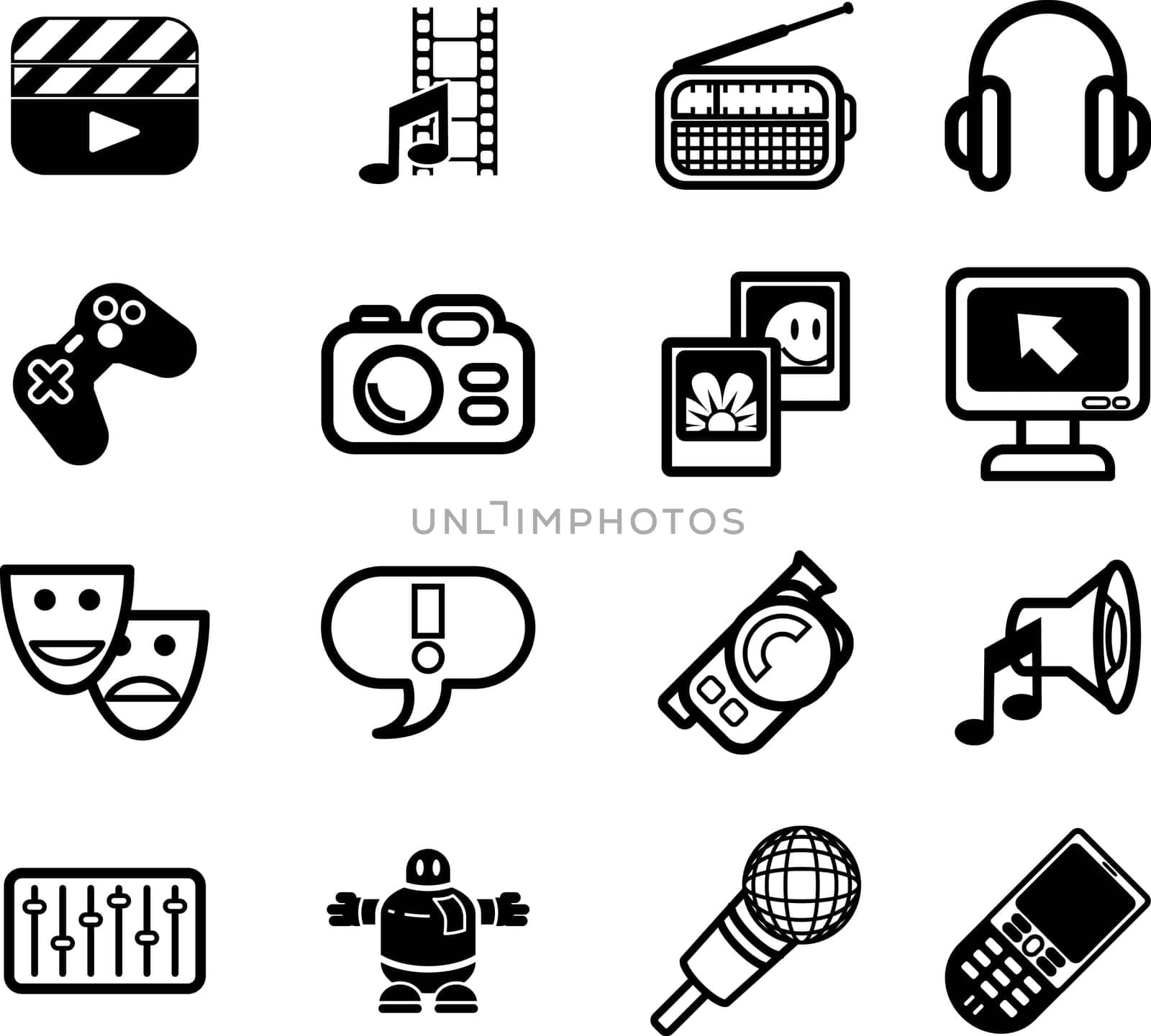 A series set of icons relating to various types of media.