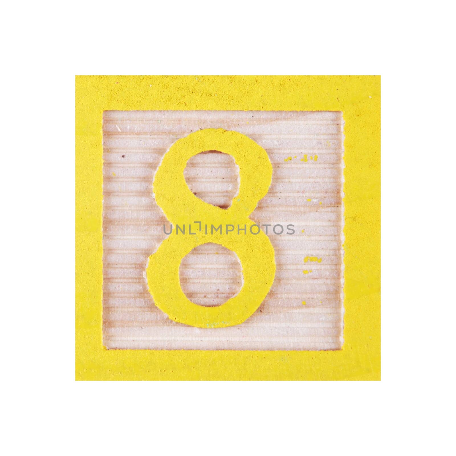A Number 8 eight childs wood block on white with clipping path