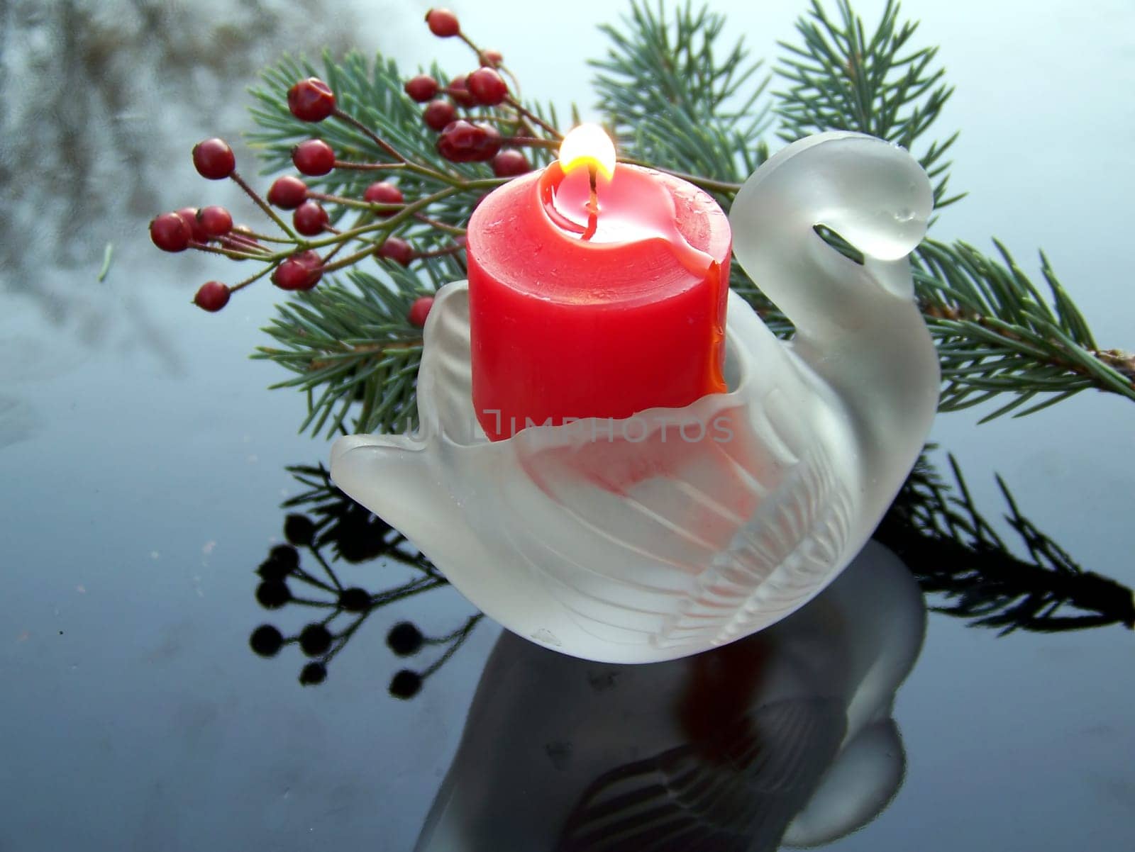 Swan-shaped Candle Holder with red candle and fir-tree branch