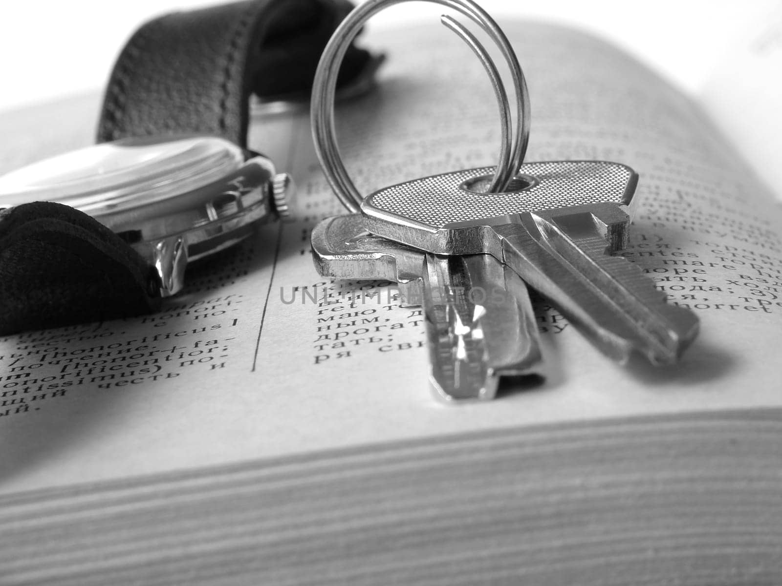 bunch of keys with watch on page of open book