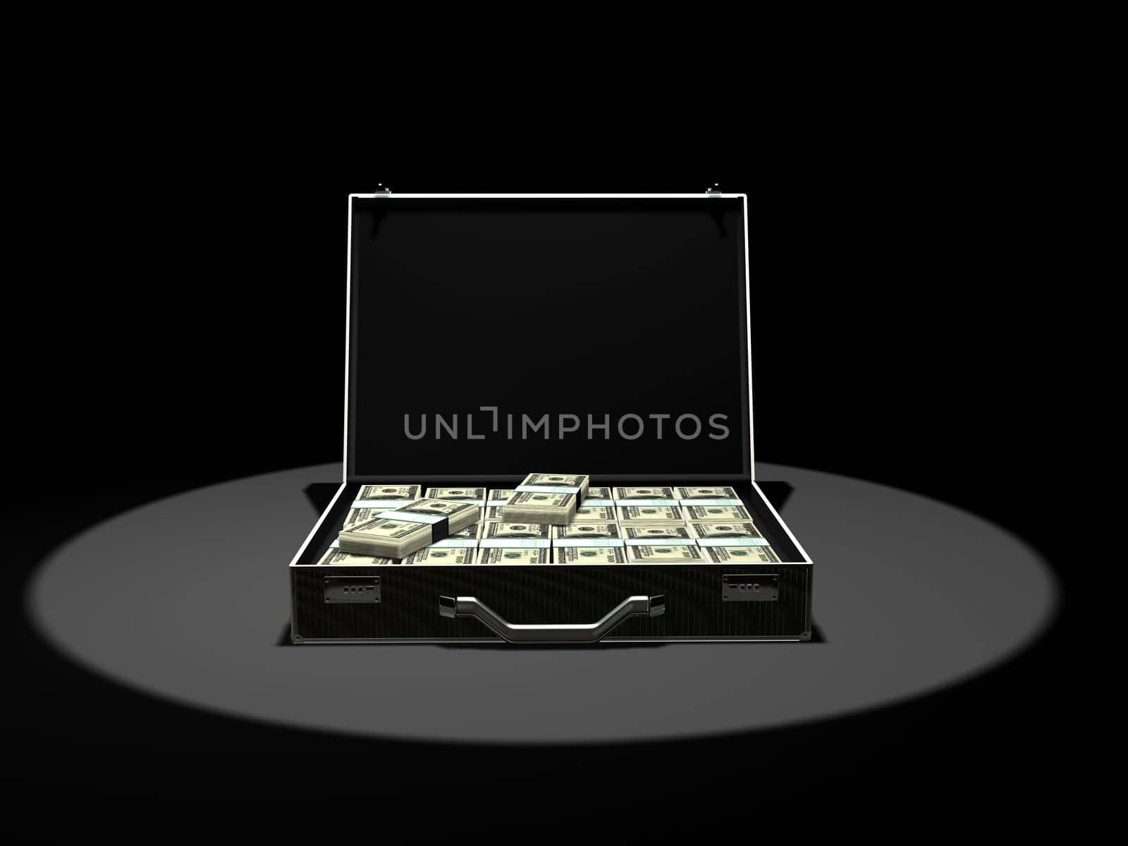 3d rendered illustration of a highlighted money case with dollar notes
