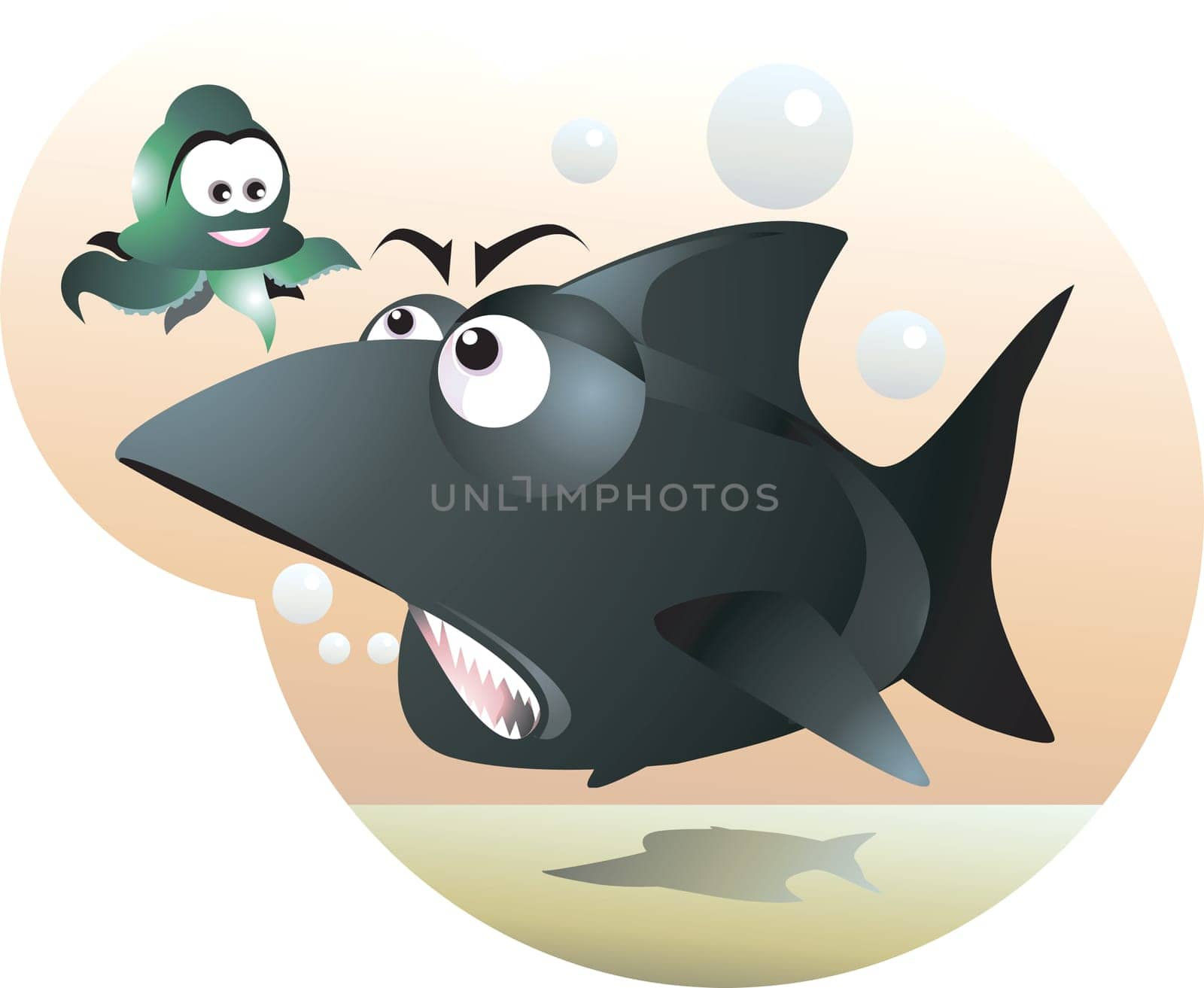 A hunting shark is attacking an octopus