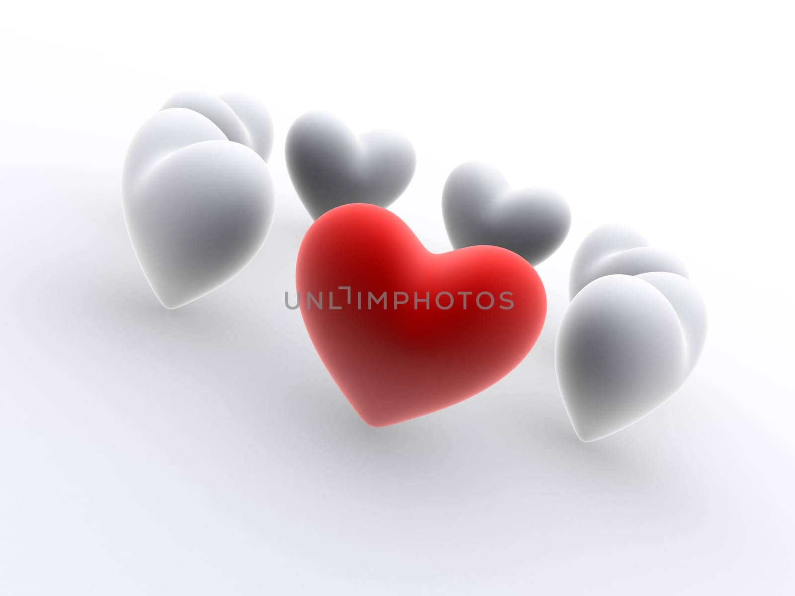 3d rendered illustration from a ring of one red and some white hearts