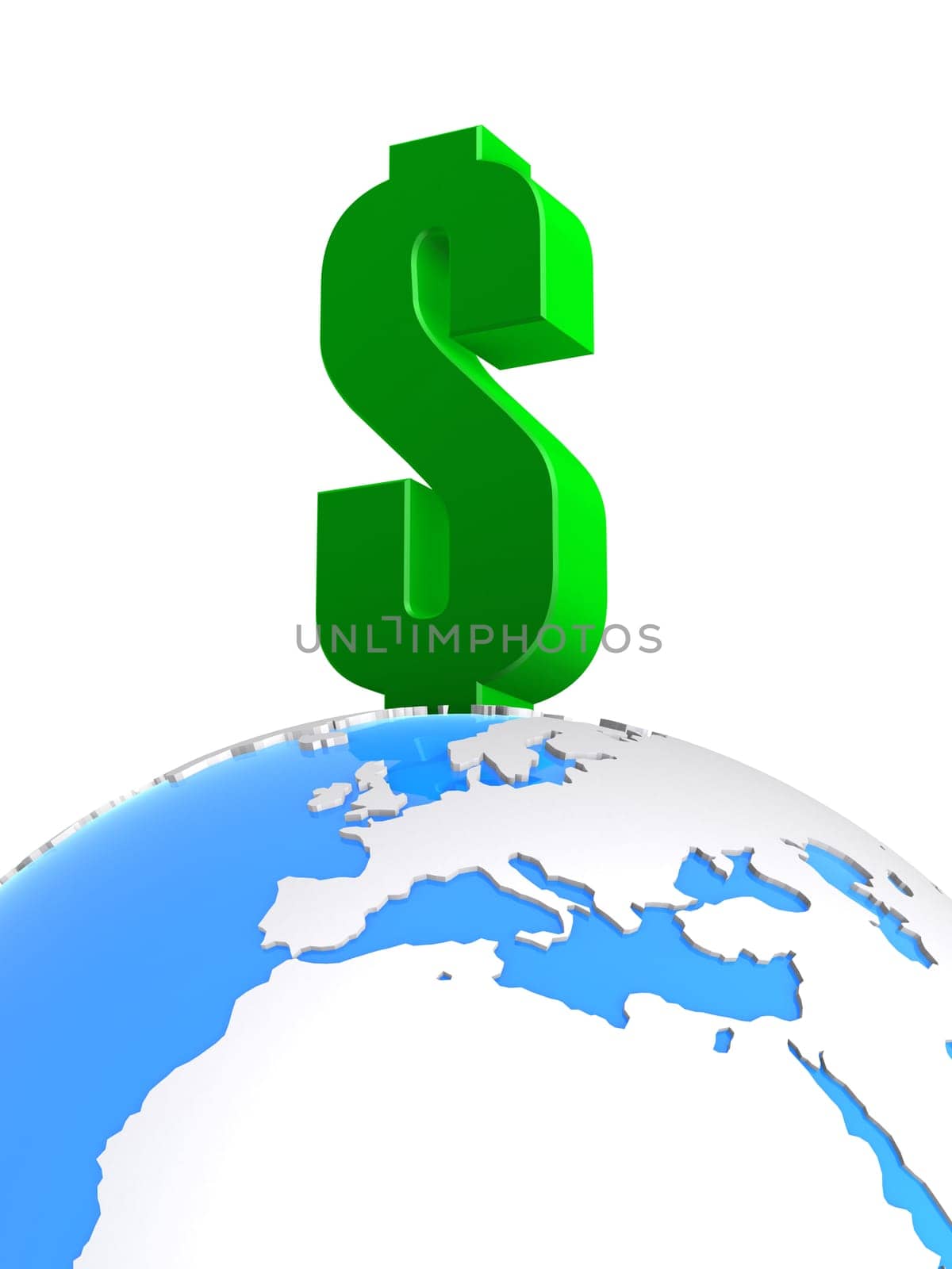 3d rendered illustration of a globe and a green dollar sign