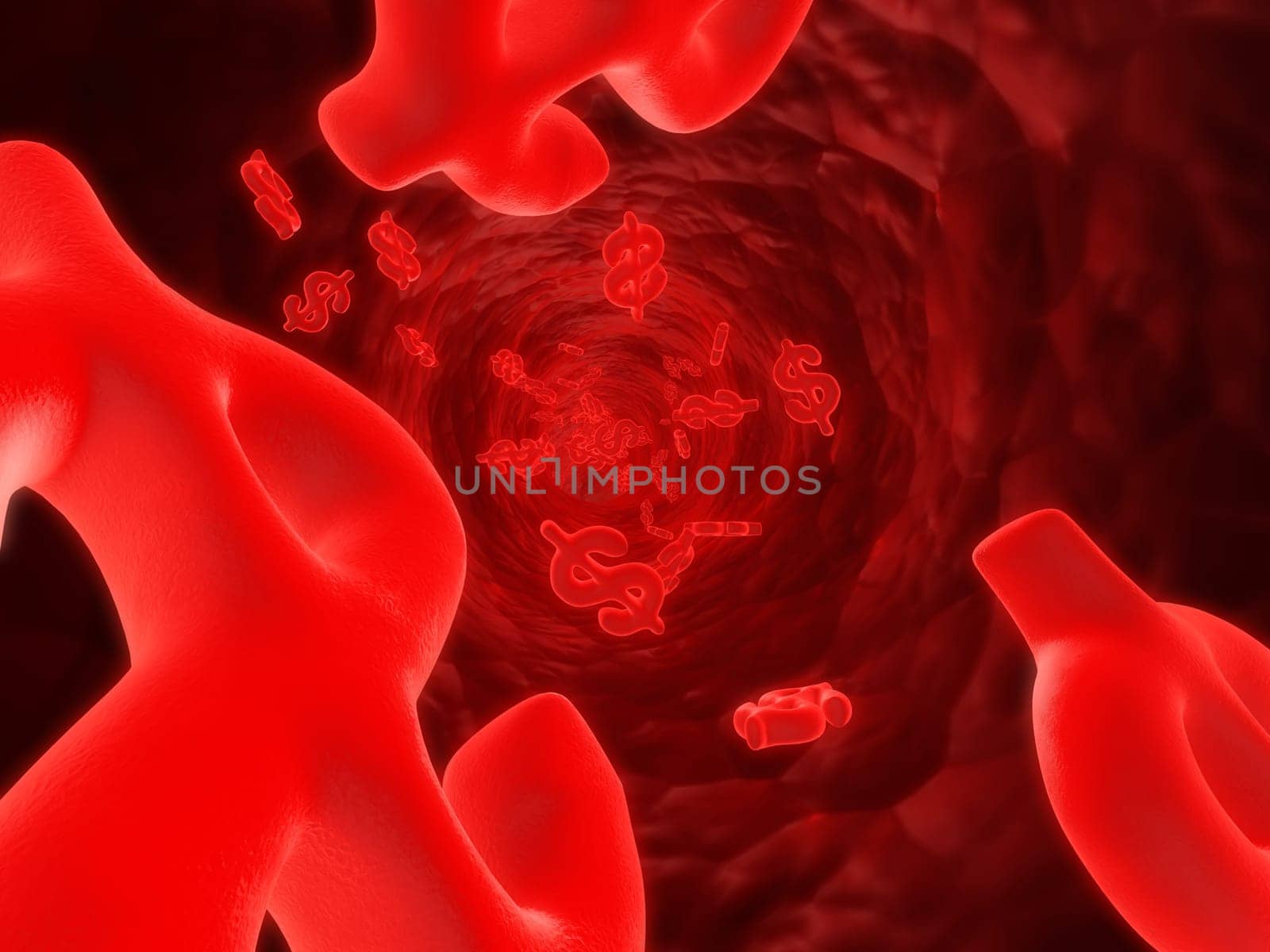 3d rendered illustration of an artery with red dollar signs