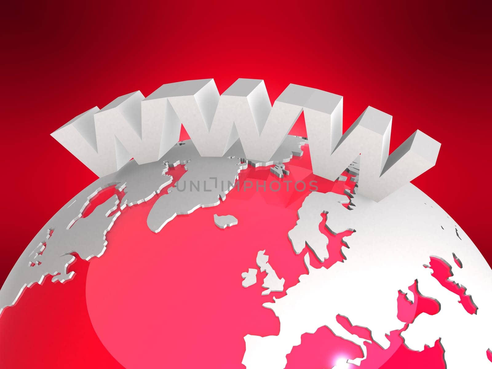 3d rendered illustration of a globe and a www sign on a red background