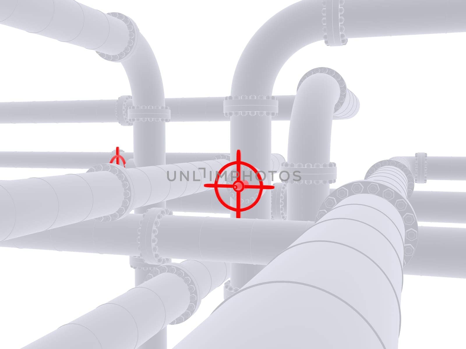 3d rendered illustration of many pipelines and red valves
