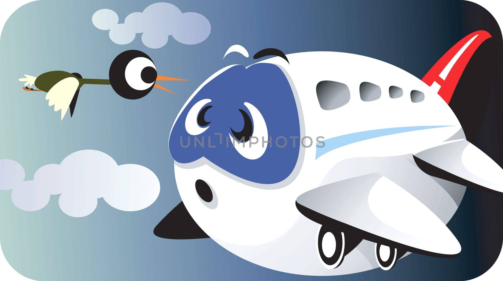 An aeroplane in troublesome face in sky with a bird about to hit