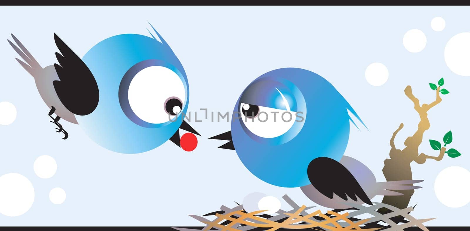 A mother bird returning to nest with a cherry to feed baby bird
