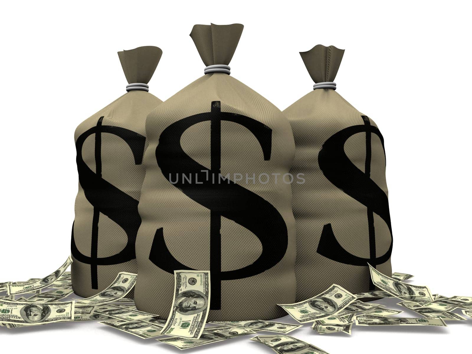 3d rendered illustration of three money sacks and dollar notes