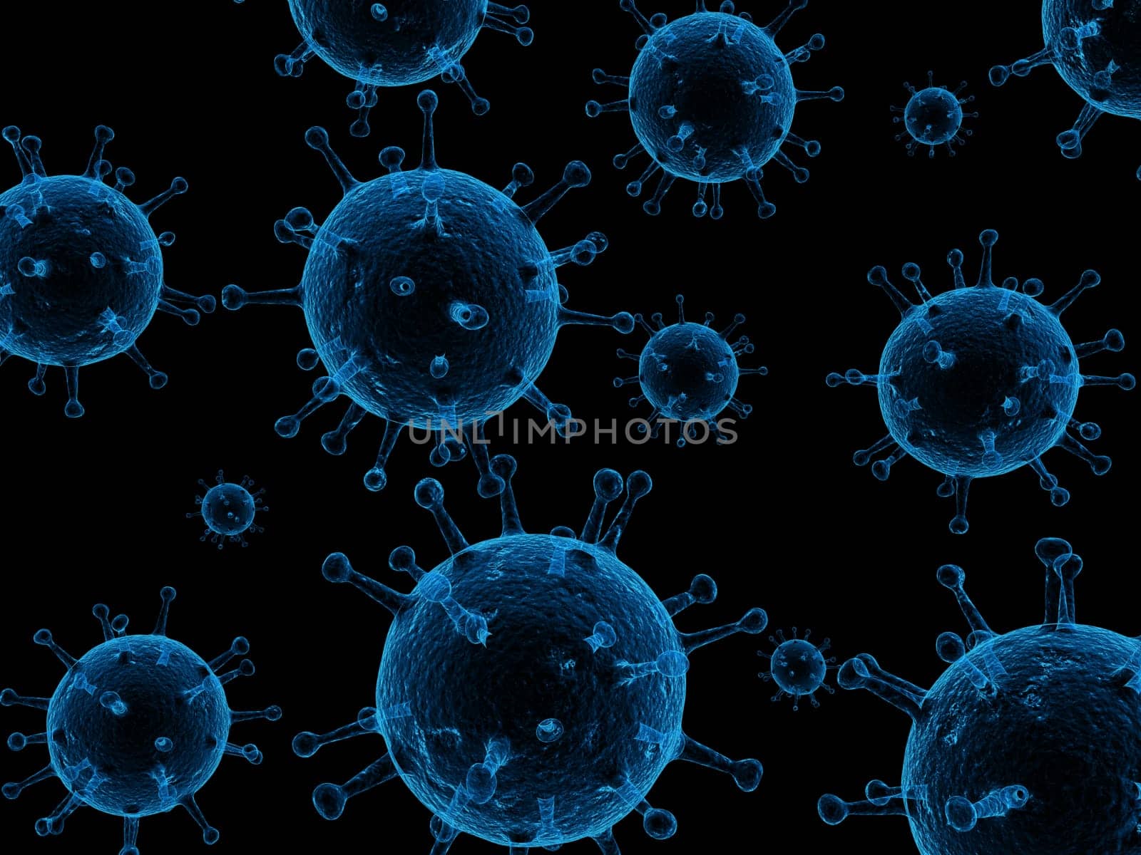 3d rendered illustration of many blue viruses