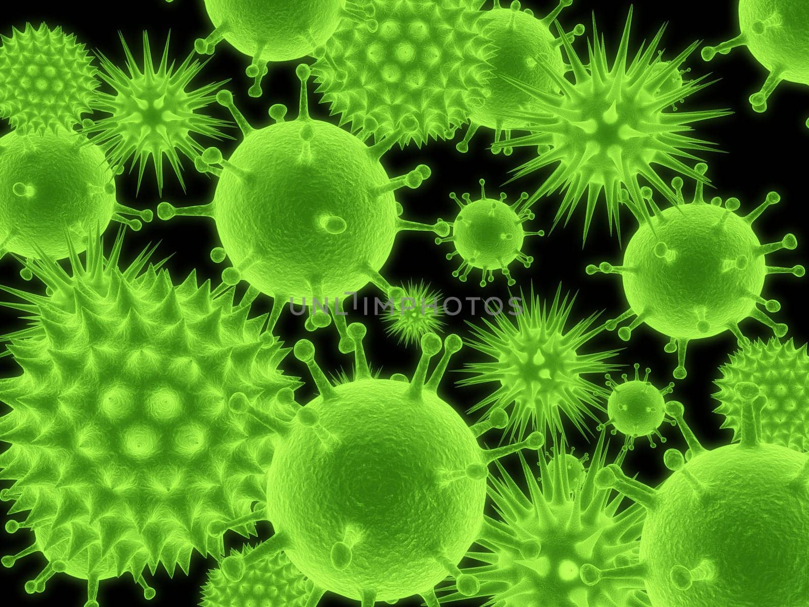 3d rendered illustration of different green viruses