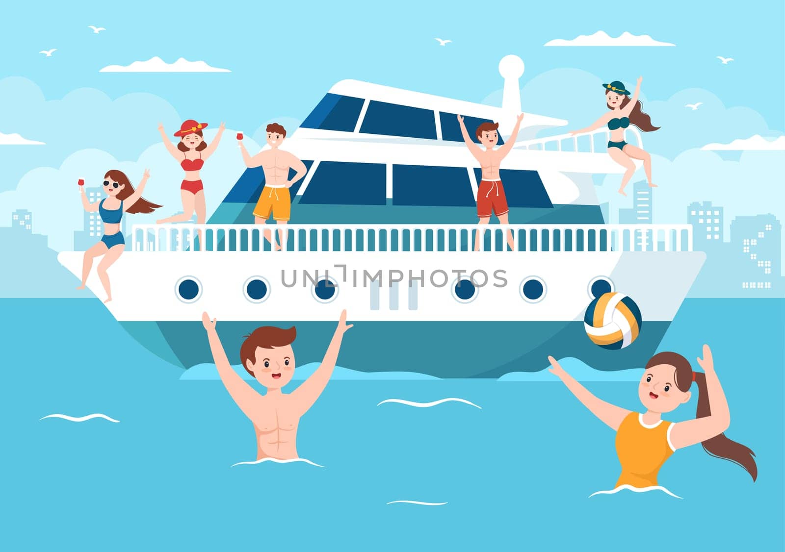 Yachts Template Hand Drawn Cartoon Flat Illustration with People Dancing, Sunbathing, Drinking Cocktails and Relaxing on Cruise Yacht at Ocean