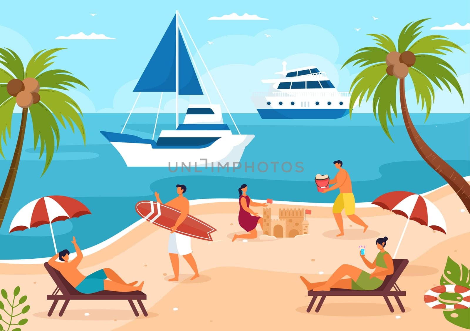 Yachts Template Hand Drawn Cartoon Flat Illustration with People Dancing, Sunbathing, Drinking Cocktails and Relaxing on Cruise Yacht at Ocean