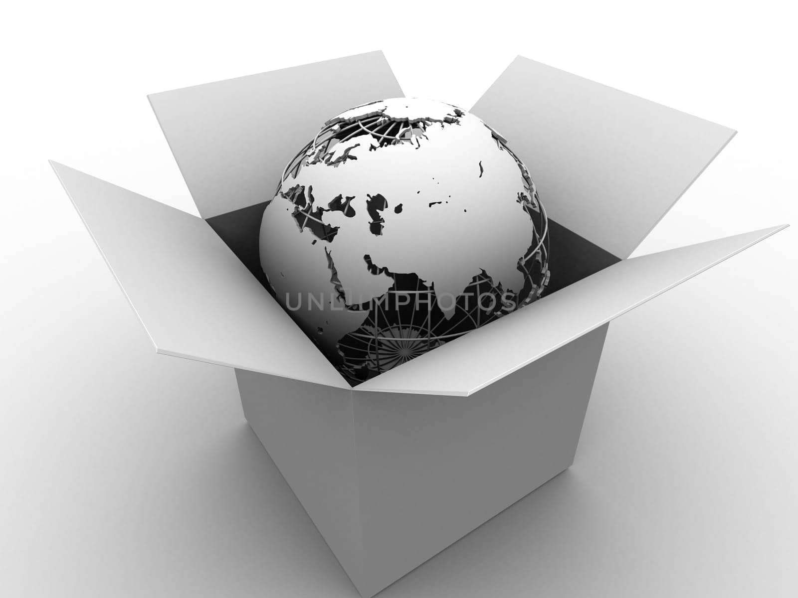 3d rendered black/white illustration of a globe in a box