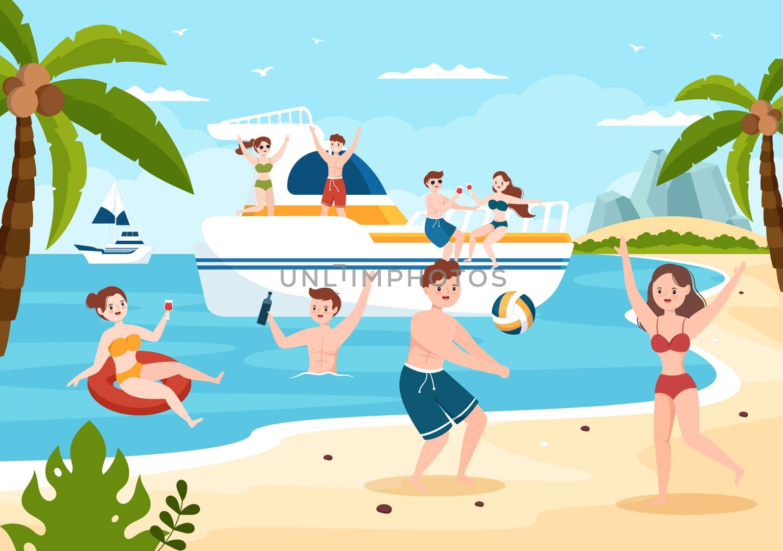 Yachts Template Hand Drawn Cartoon Flat Illustration with People Dancing, Sunbathing, Drinking Cocktails and Relaxing on Cruise Yacht at Ocean