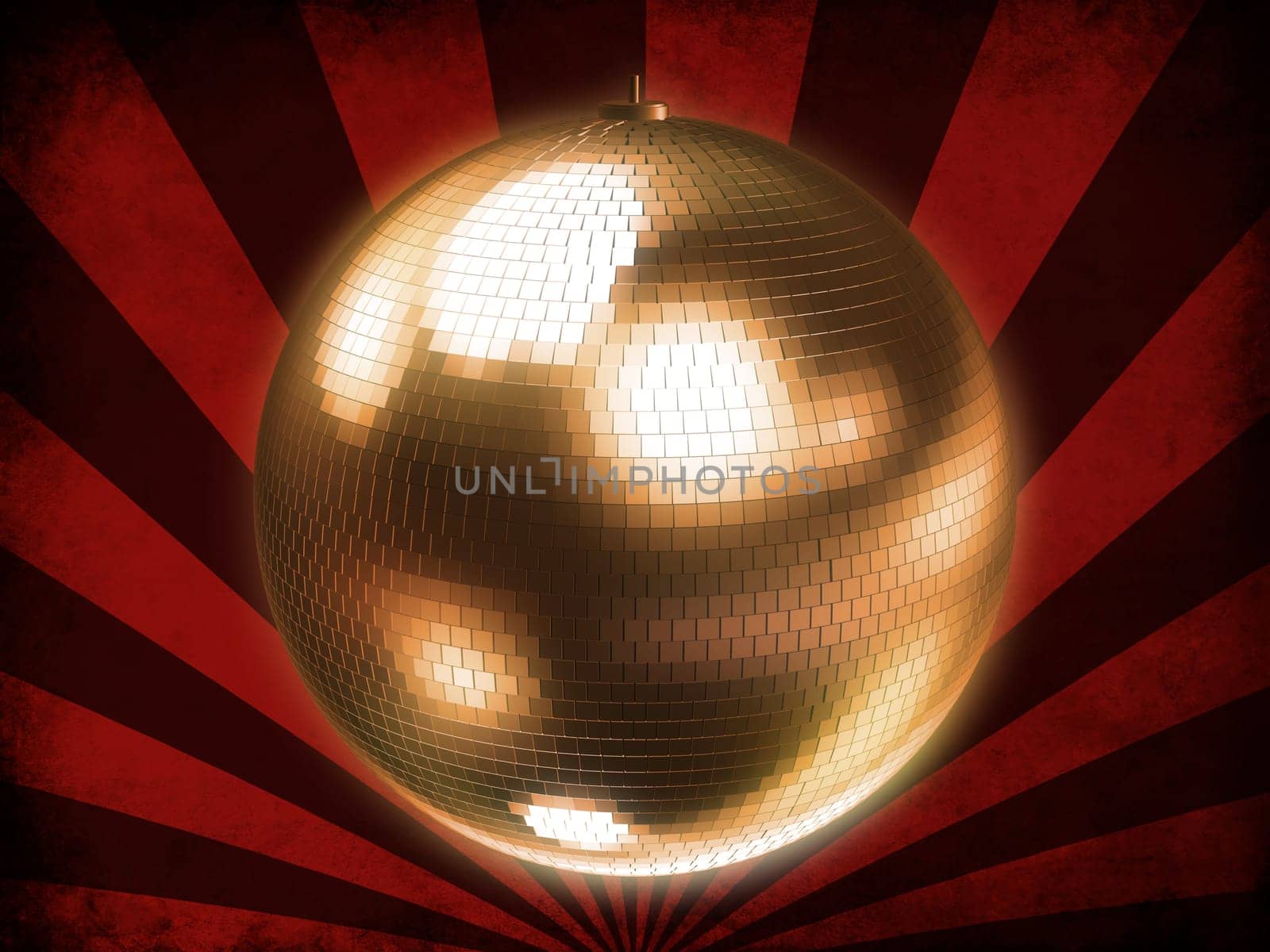 3d rendered illustration of red and black rays and a golden disco sphere