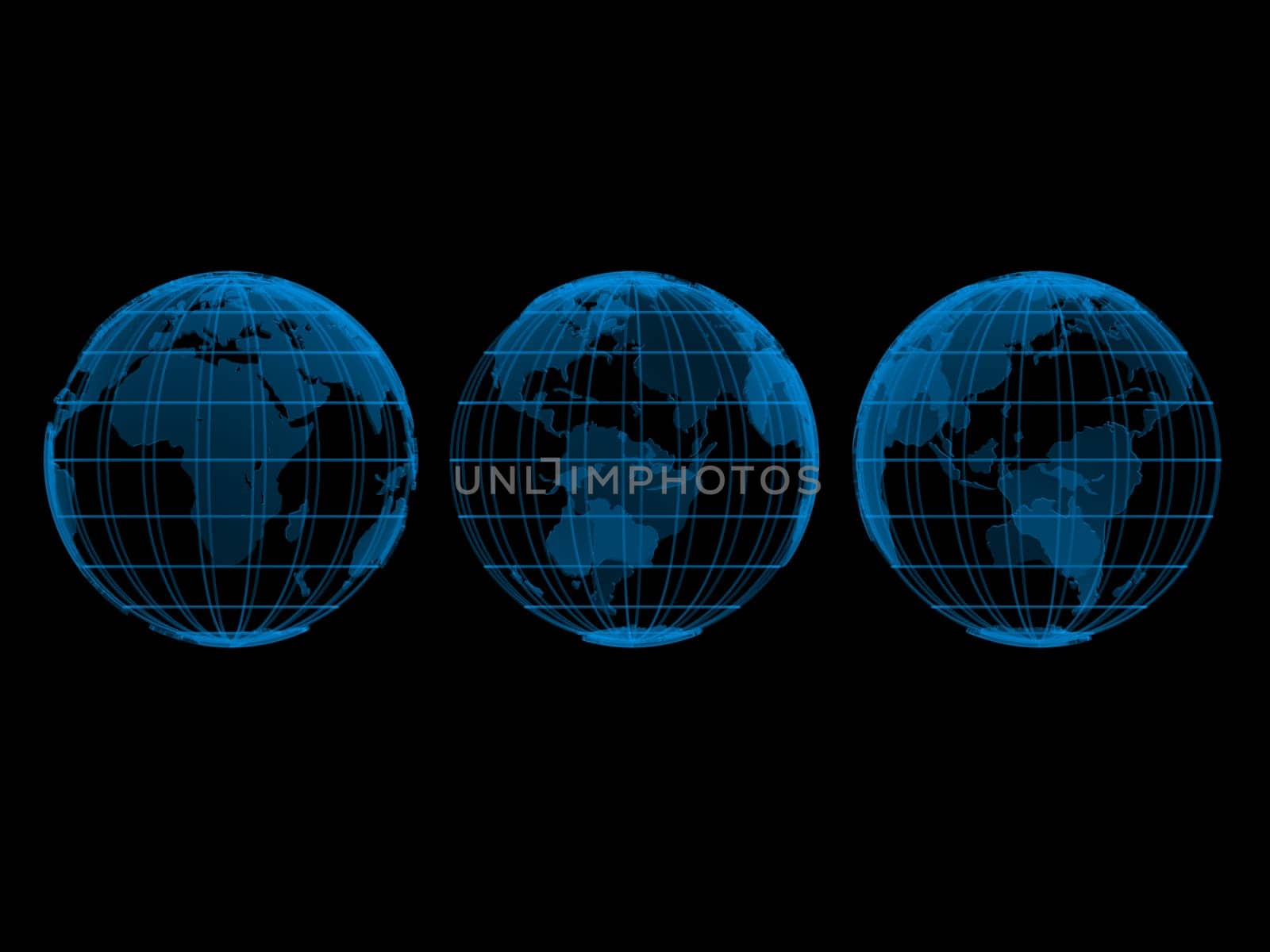 3d rendered illustration of three blue transparent globes