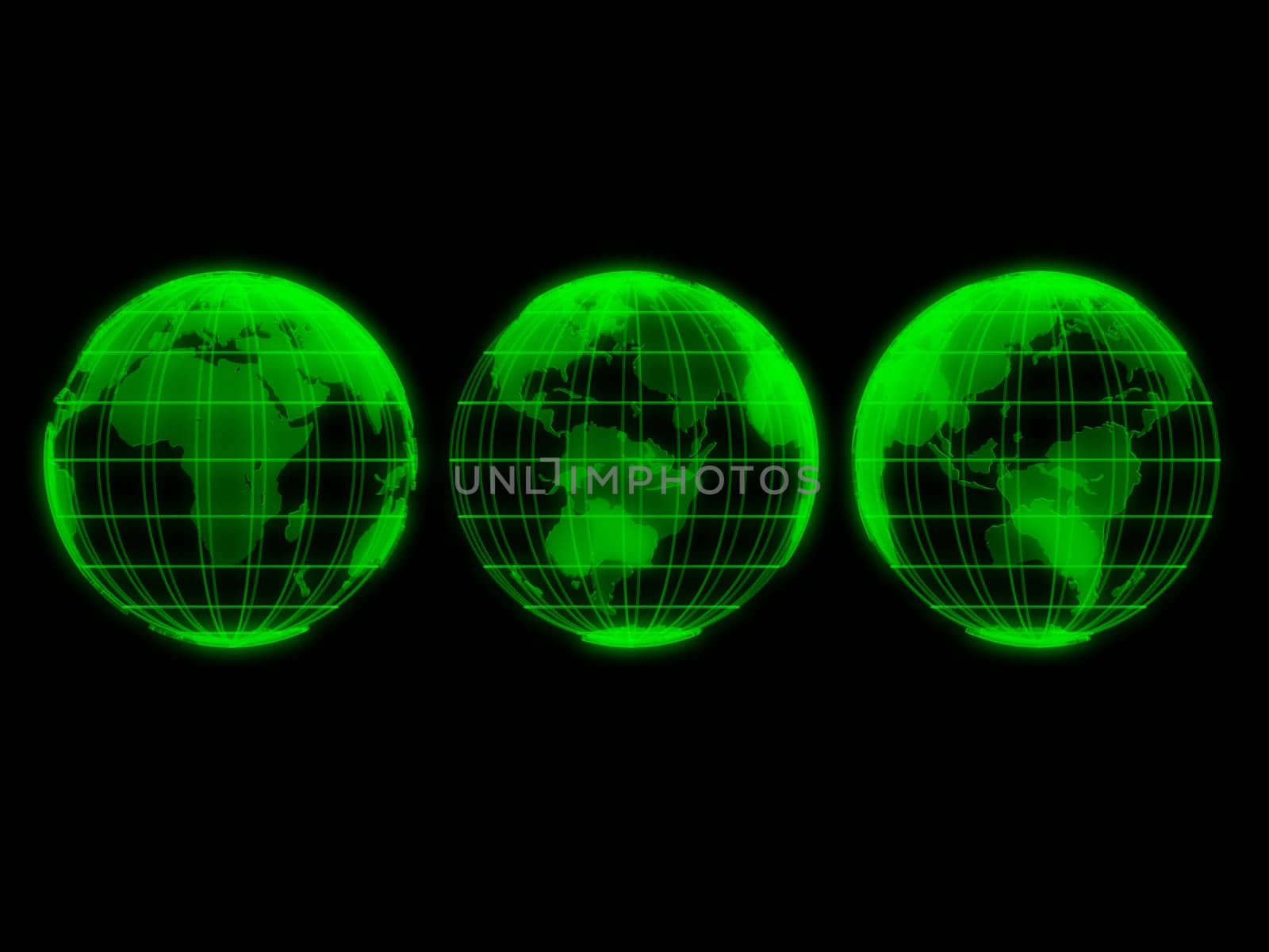 3d rendered illustration of three green  transparent globes