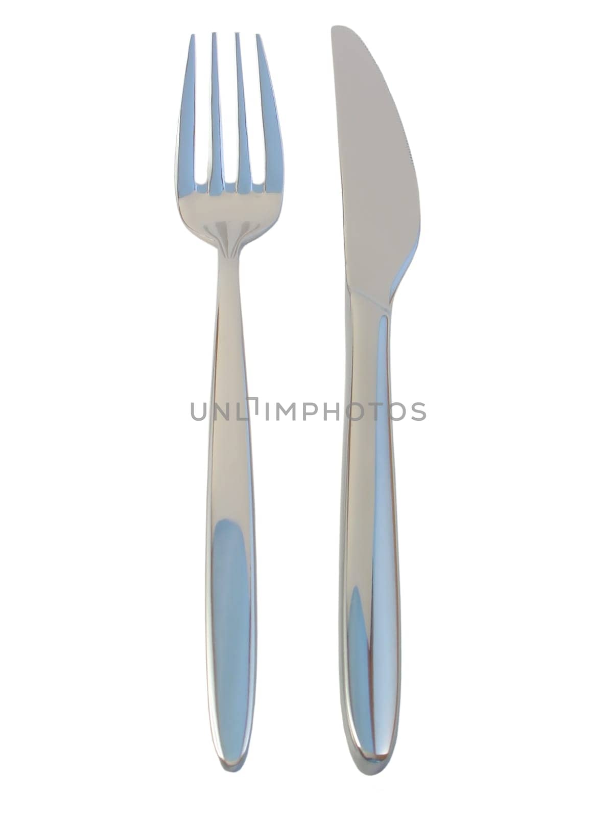 A modern knife and fork isolated on a white background