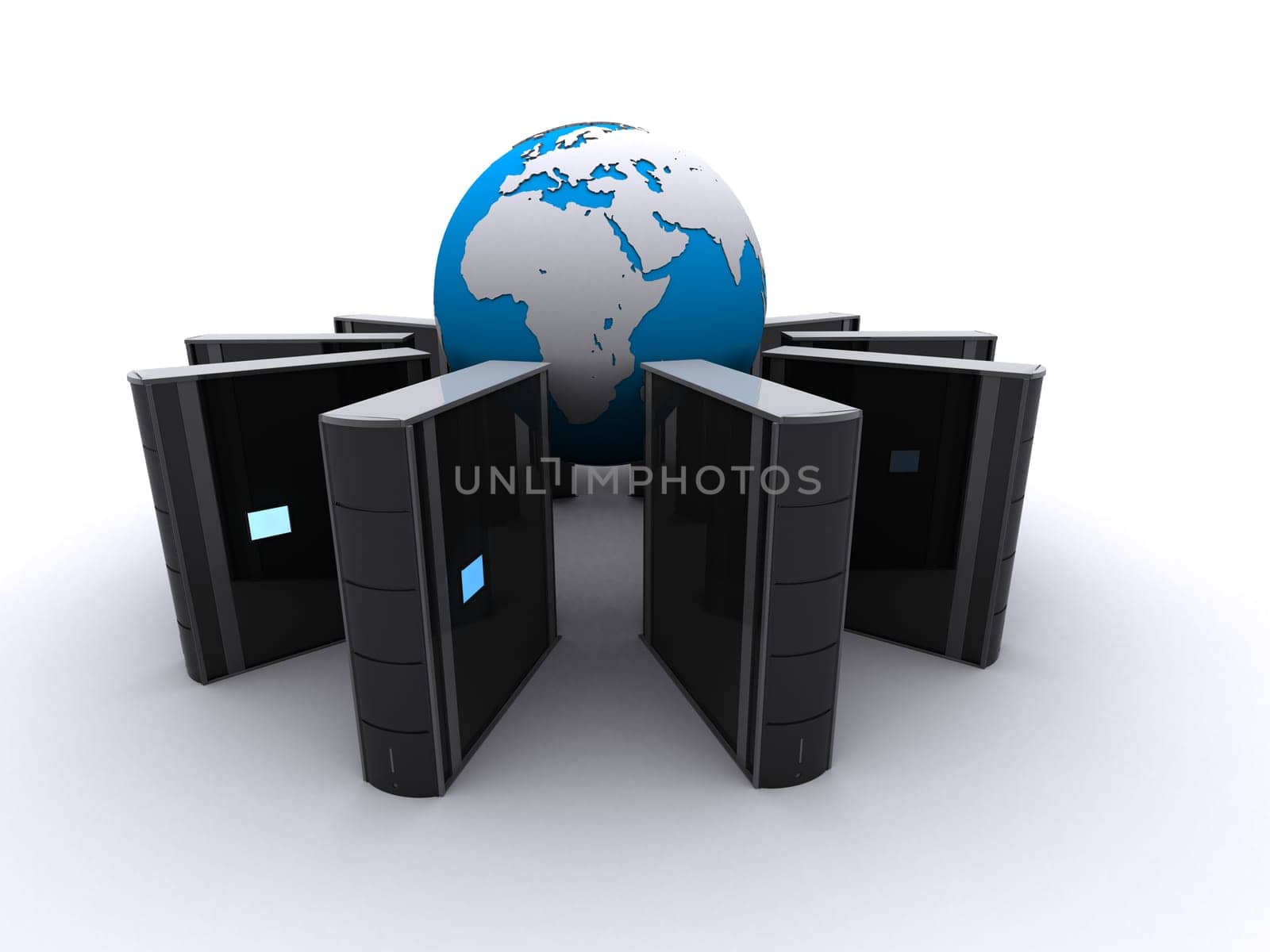 3d rendered illustration of many servers and a globe in the middle