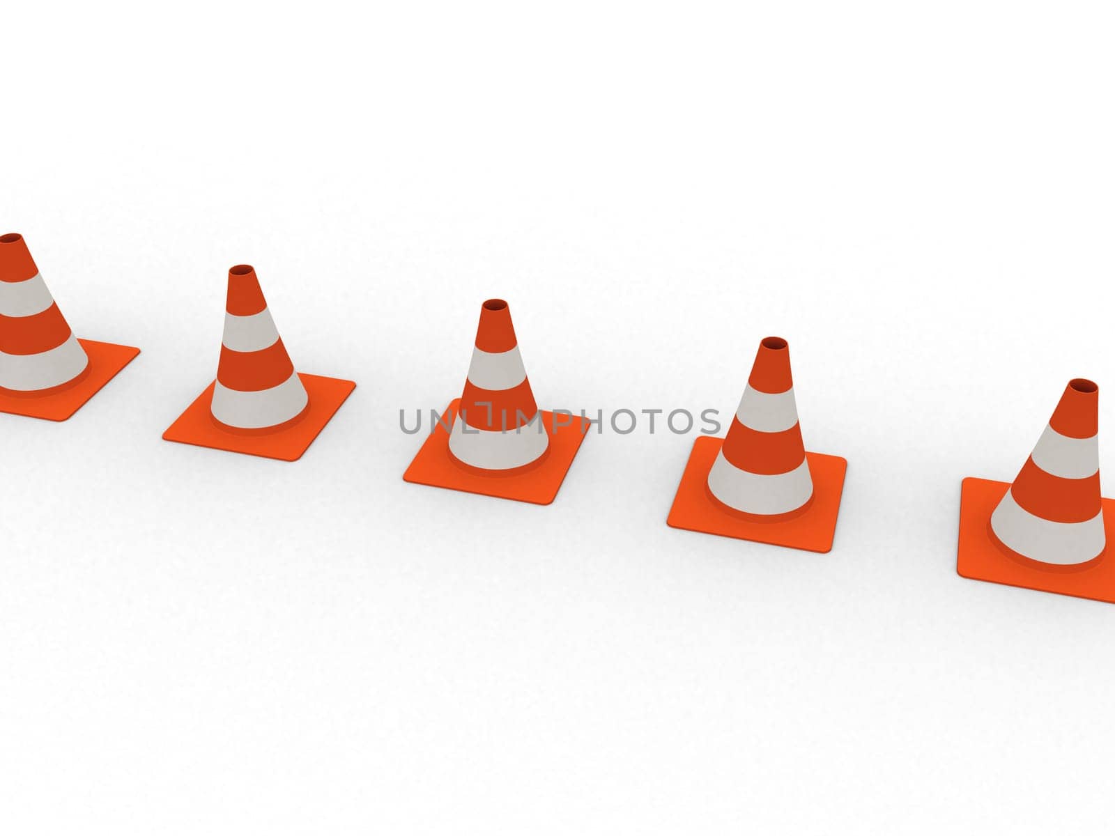 3d rendered illustration of some red and white traffic cones standing in a line