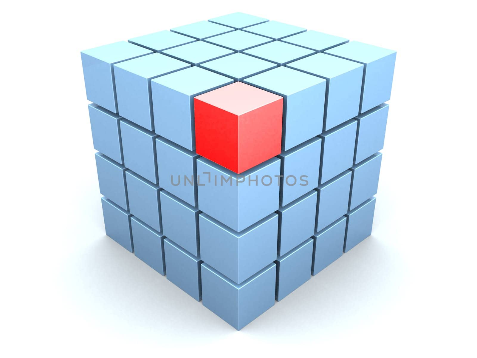 3d rendered illustration of many little blue cubes and one red cube
