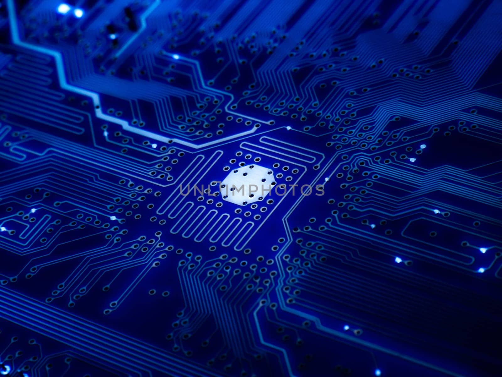 Circuit board in blue light glow