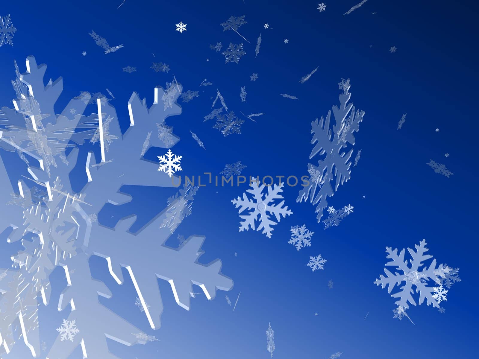 3d rendered illustration of falling snow flakes on a blue background