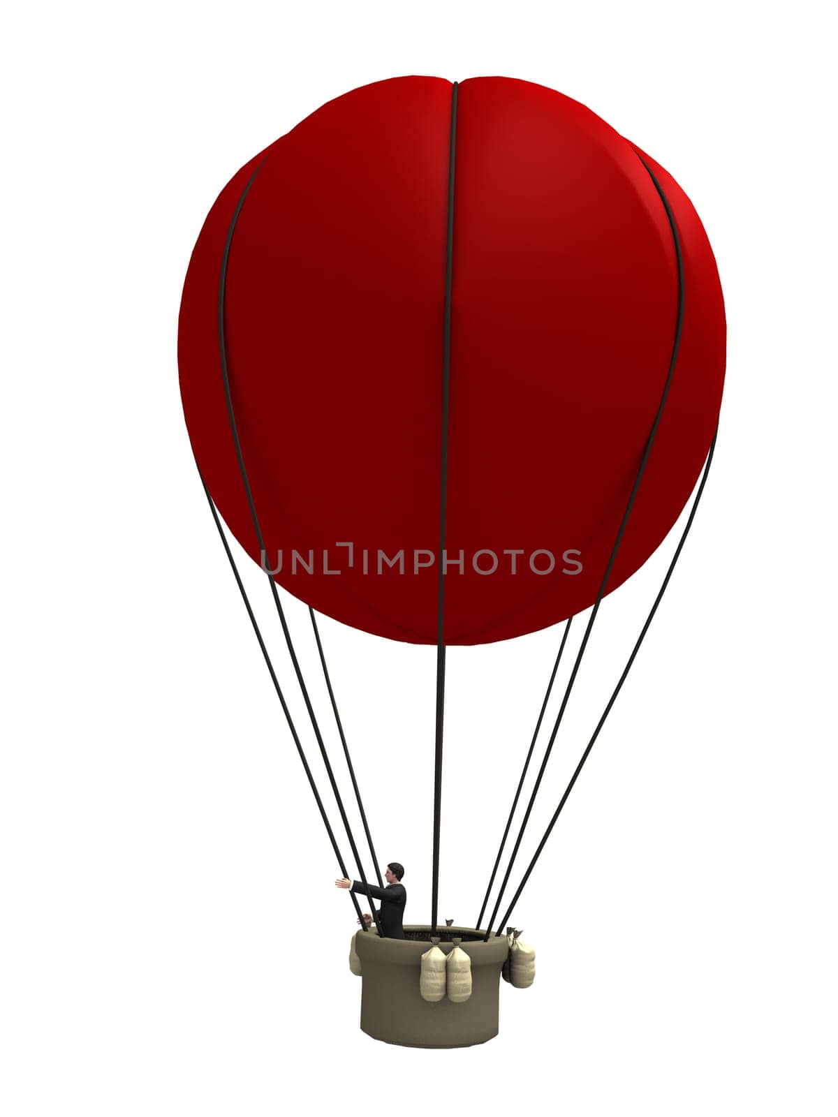 3d rendered illustration of a flying red balloon with a little man