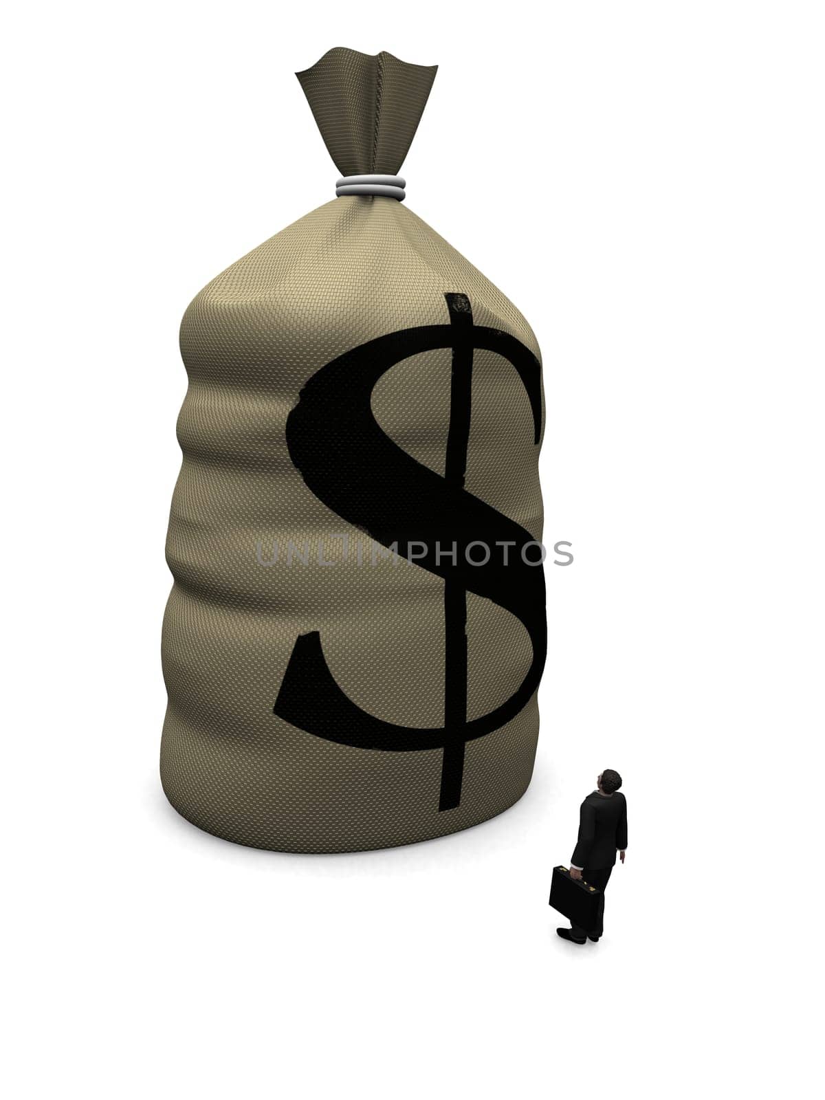 3d rendered illustration of a money sack and a little man