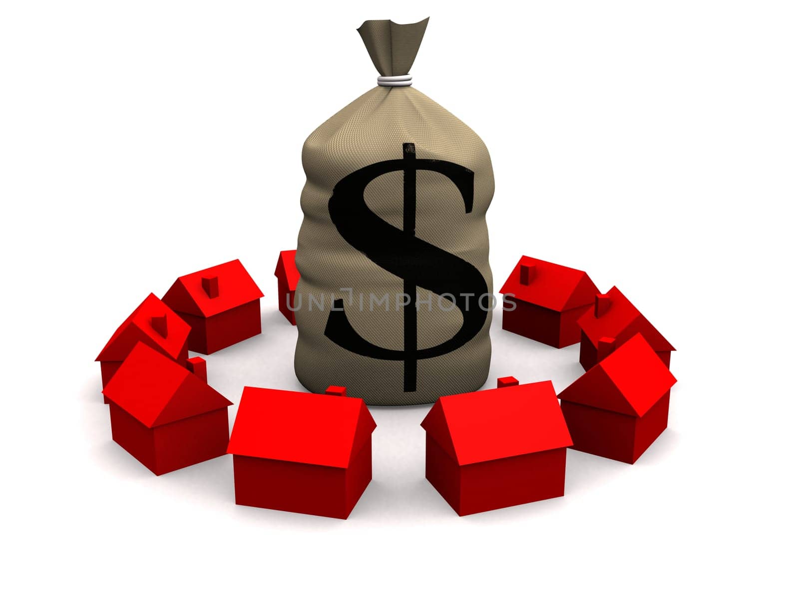 3d rendered illustration from a ring of houses and a money sack