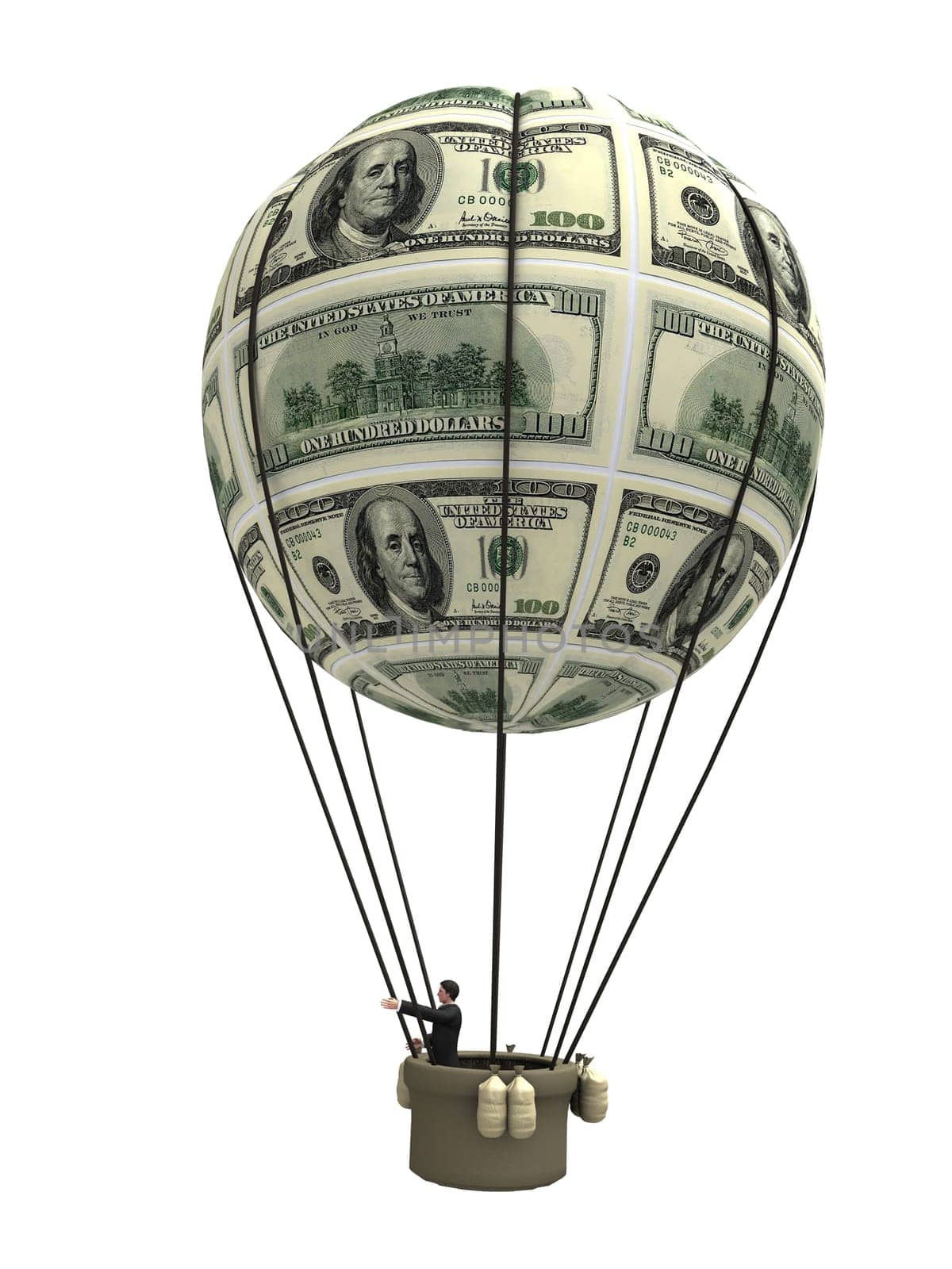 3d rendered illustration of a flying balloon with a little man