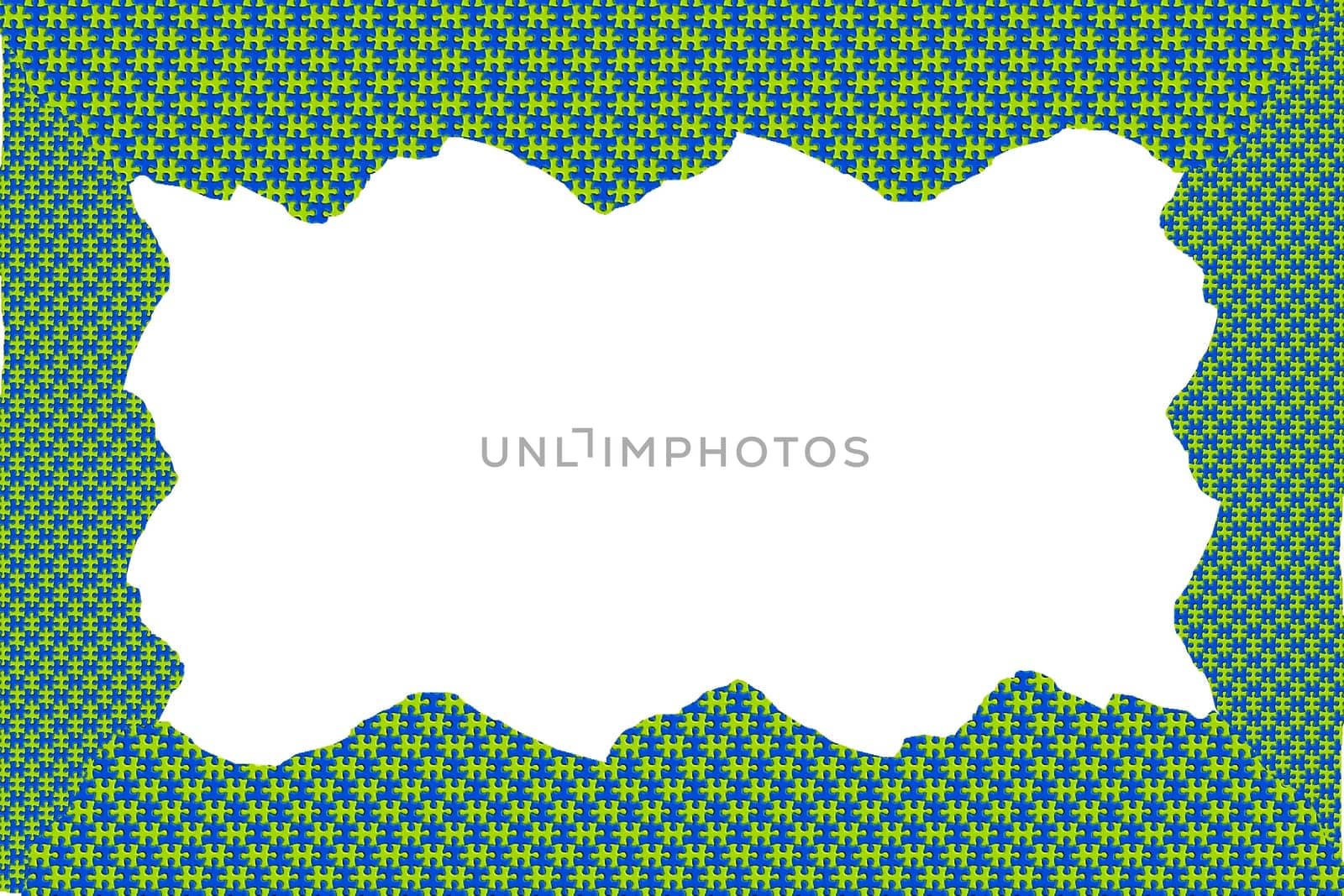 A frame made with a green and blue puzzle pattern.