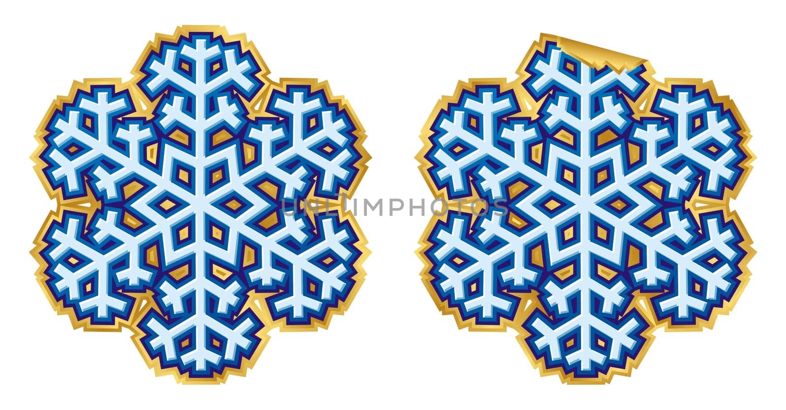 Snowflake sticker illustration normal and peeling version.  The vector version is a fully editable EPS 8 file, compressed in a zip file. Linear gradients, no transparencies. Can be scaled to any size without loss of quality.