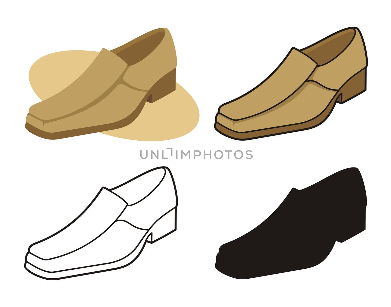 Vector illustration of male shoe in four versions.  The vector version is a fully editable EPS 8 file, compressed in a zip file. No gradients or transparencies. Can be scaled to any size without loss of quality.