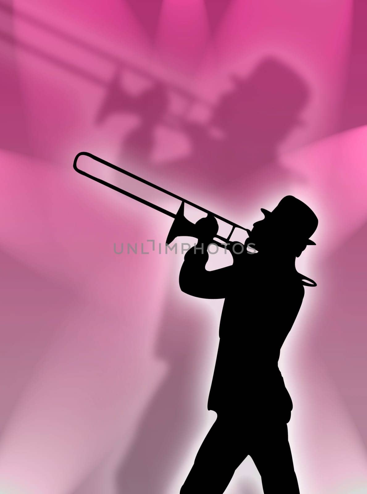 Trumpet player silhouette in the pink lights