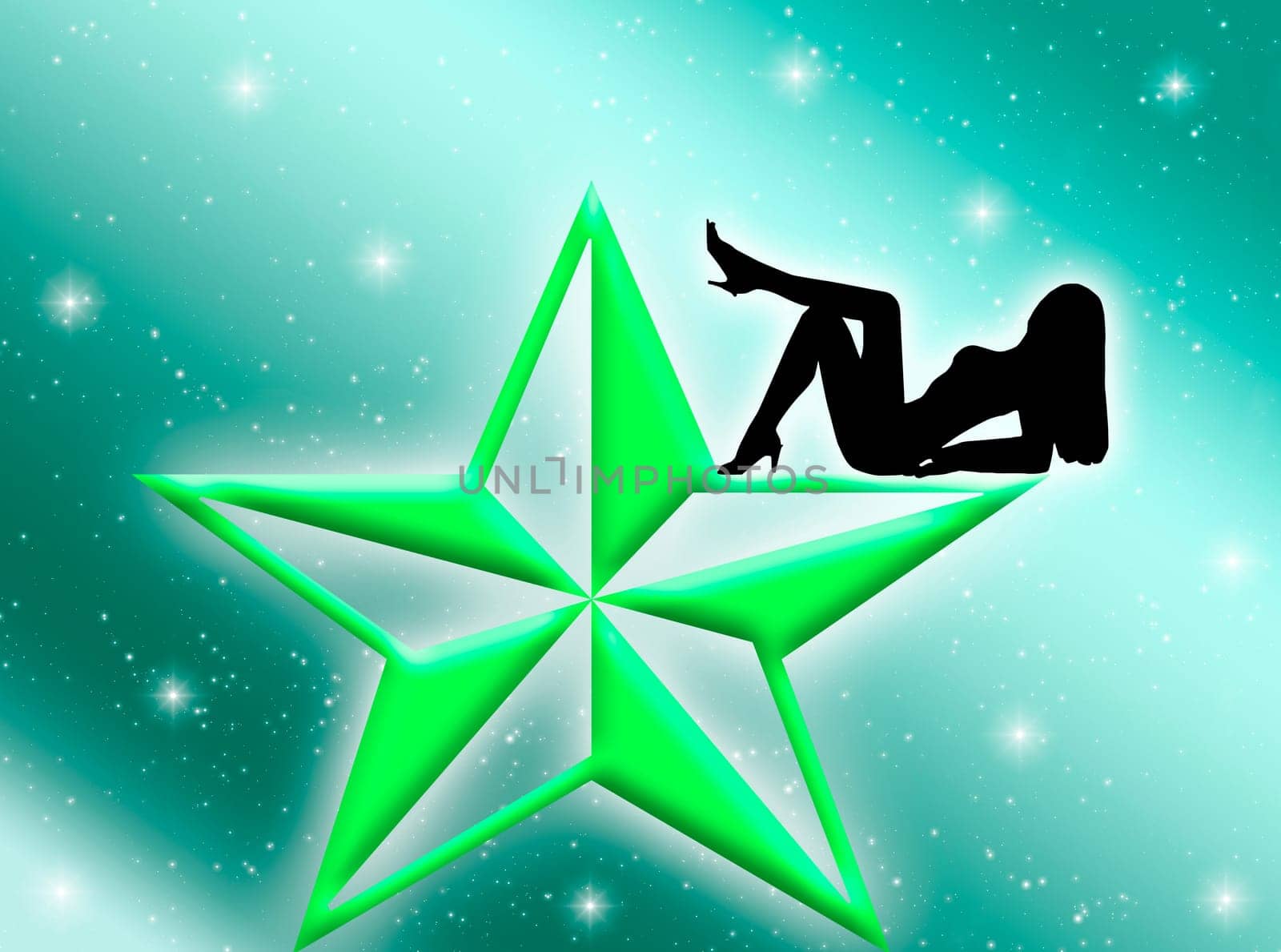 Black woman silhouette on a green star in the night