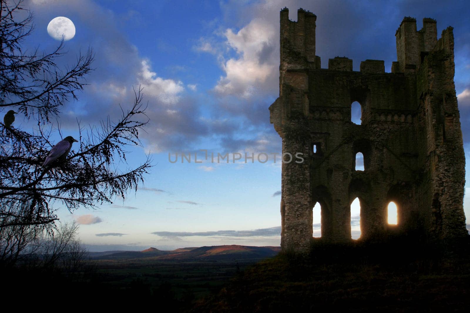 Scottish  Tower ruins said to be haunted at Dusk with rolling Hills in background, glowing shafts of light from Moon through lower windows and Crows nesting in turret and in Fir Tree in forground