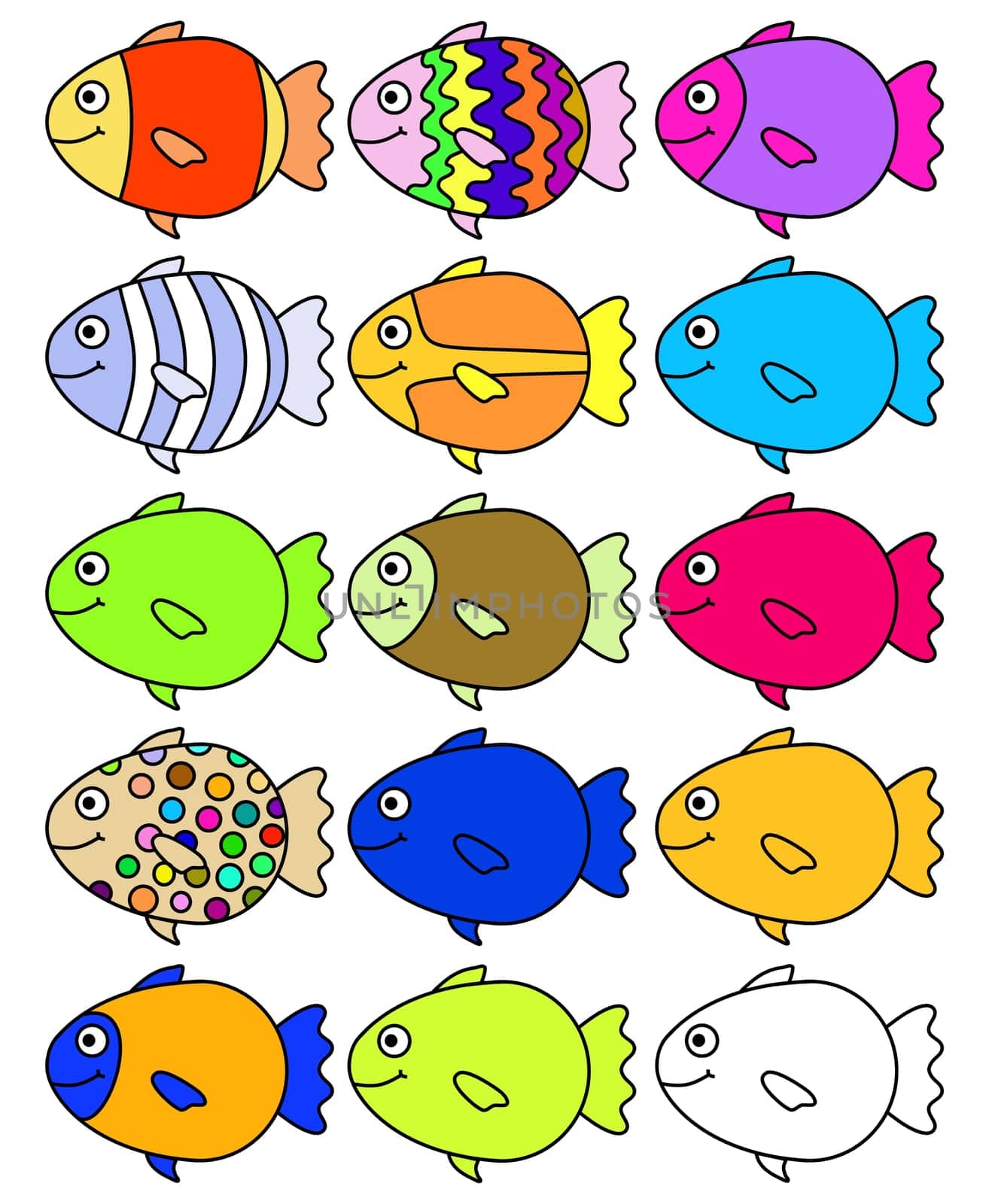Illustration of 15 colorful fish, one is left for you to color yourself