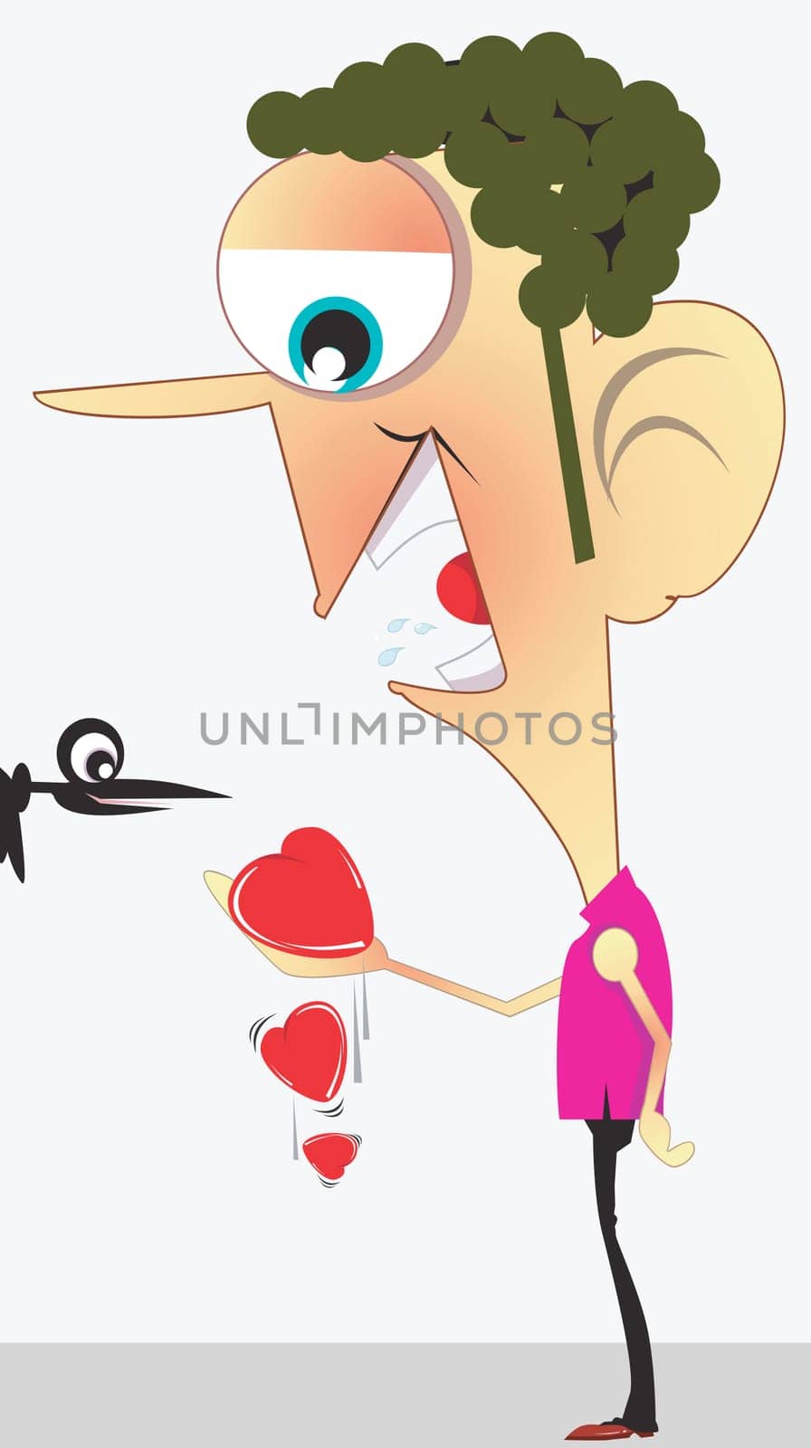 A man is dropping love hearts and a bird is looking this