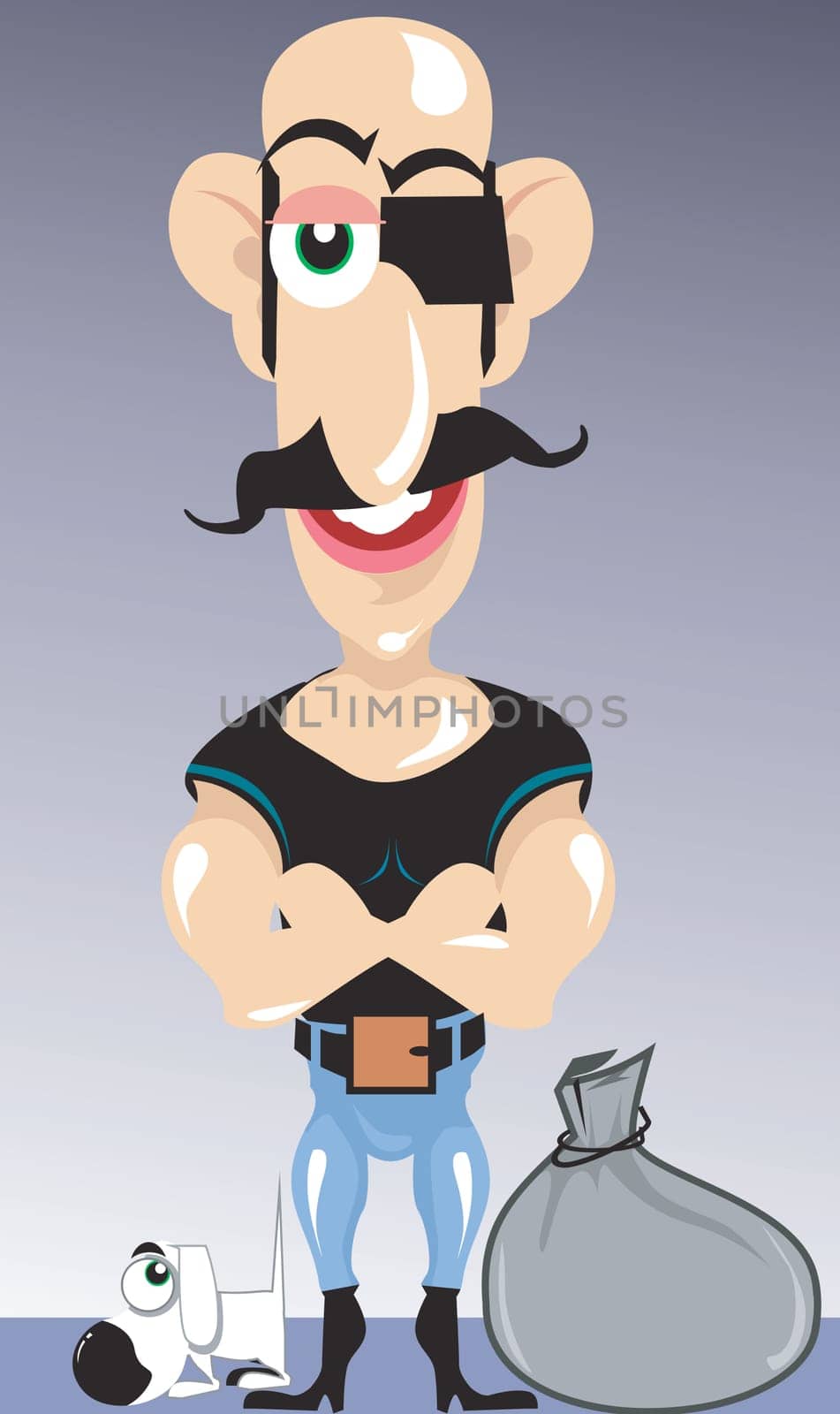 A thief with black shade in his eye standing with a puppy and bag