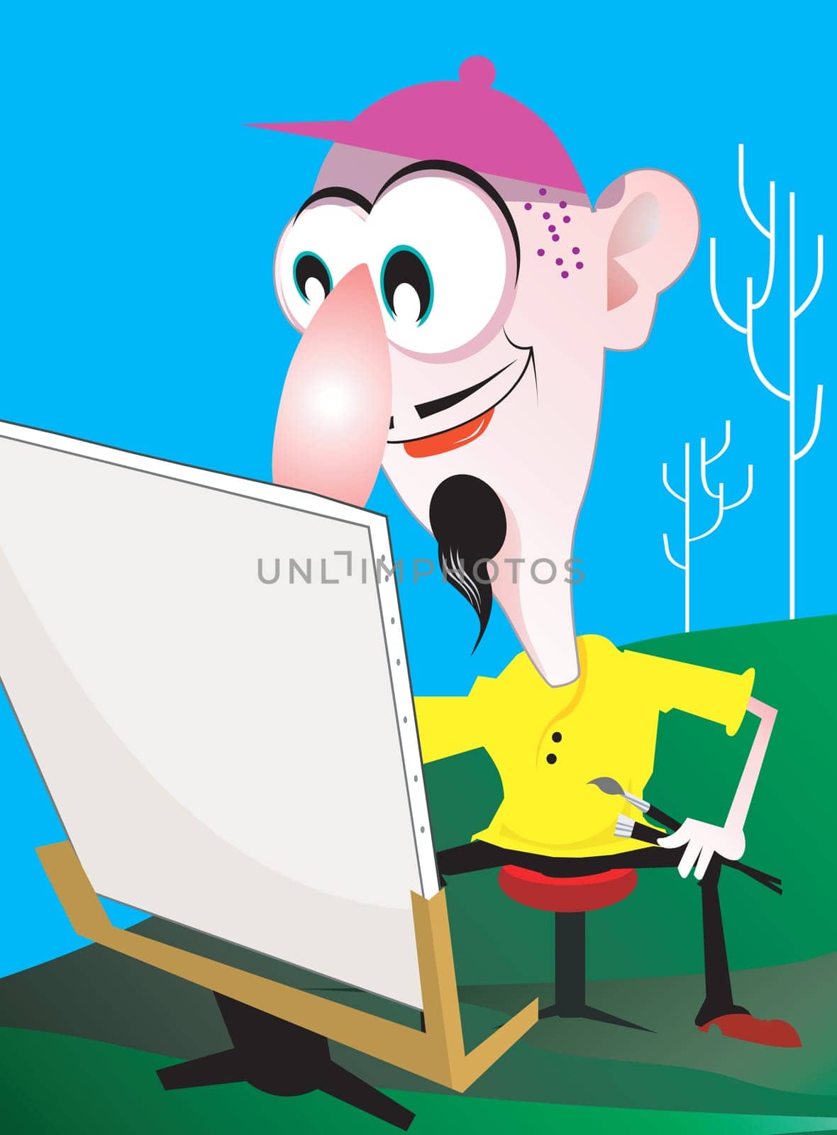 A painter sitting in a stool and painting a canvas