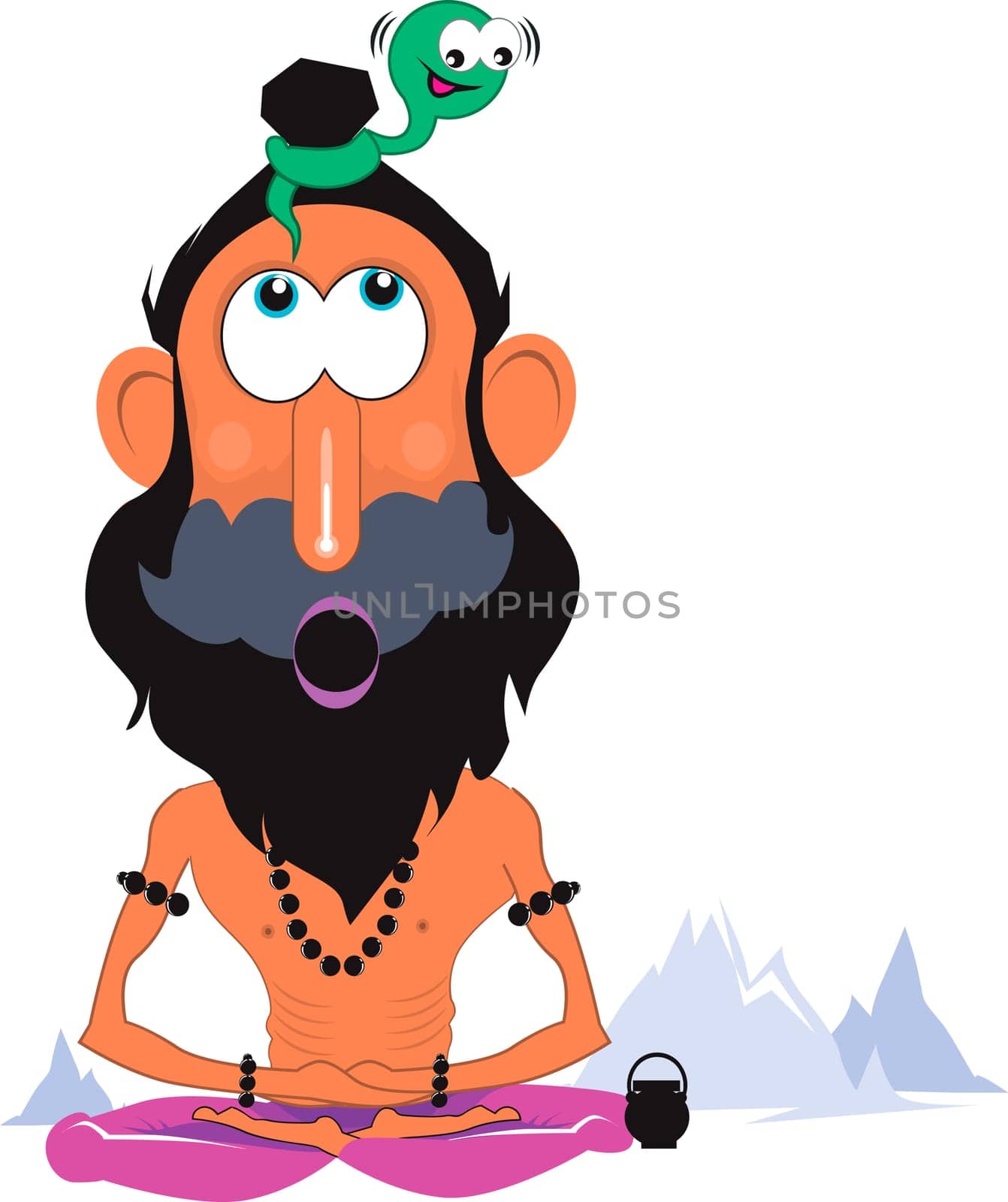 A saint sitting in mountain and a small snake in his hair