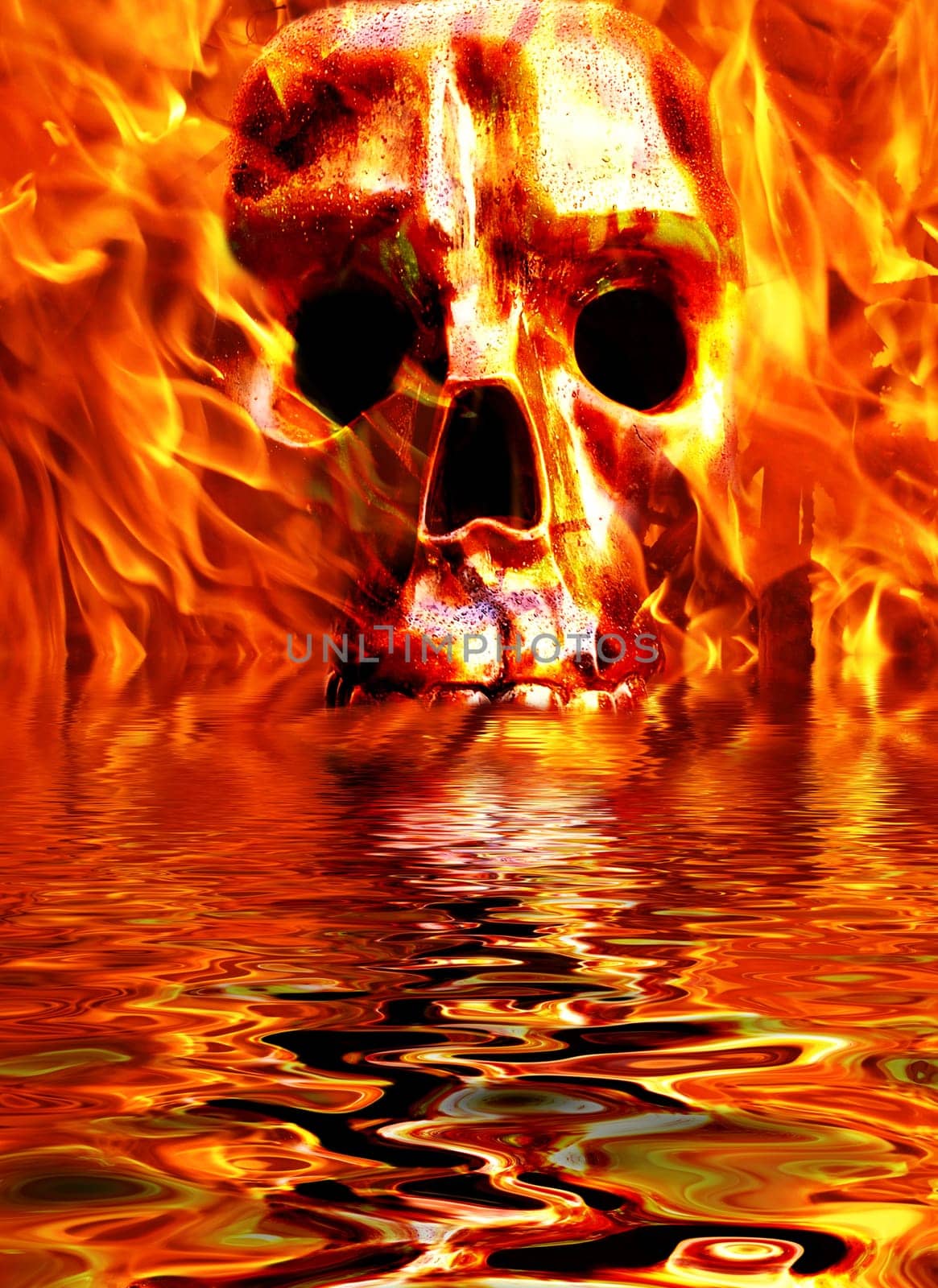 Flaming Skull with water droplets rises out of the water