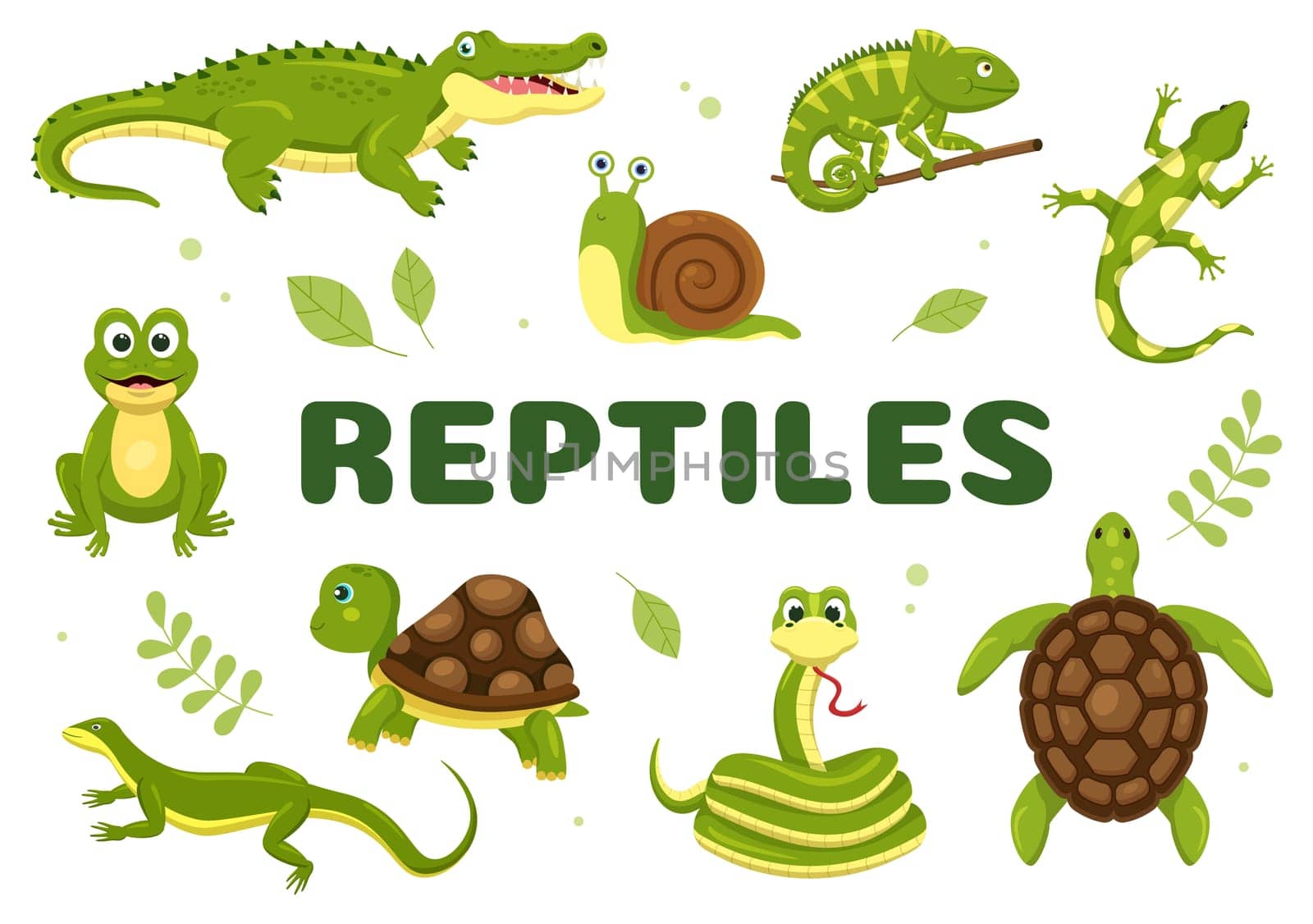 Set of Animal Reptile Template Hand Drawn Cartoon Flat Illustration with Various Types of Reptiles Animals Concept