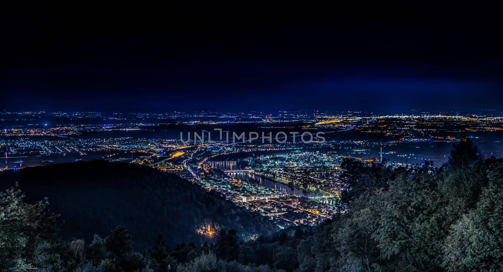 Aerial view - Heidelberg and Mannheim by night