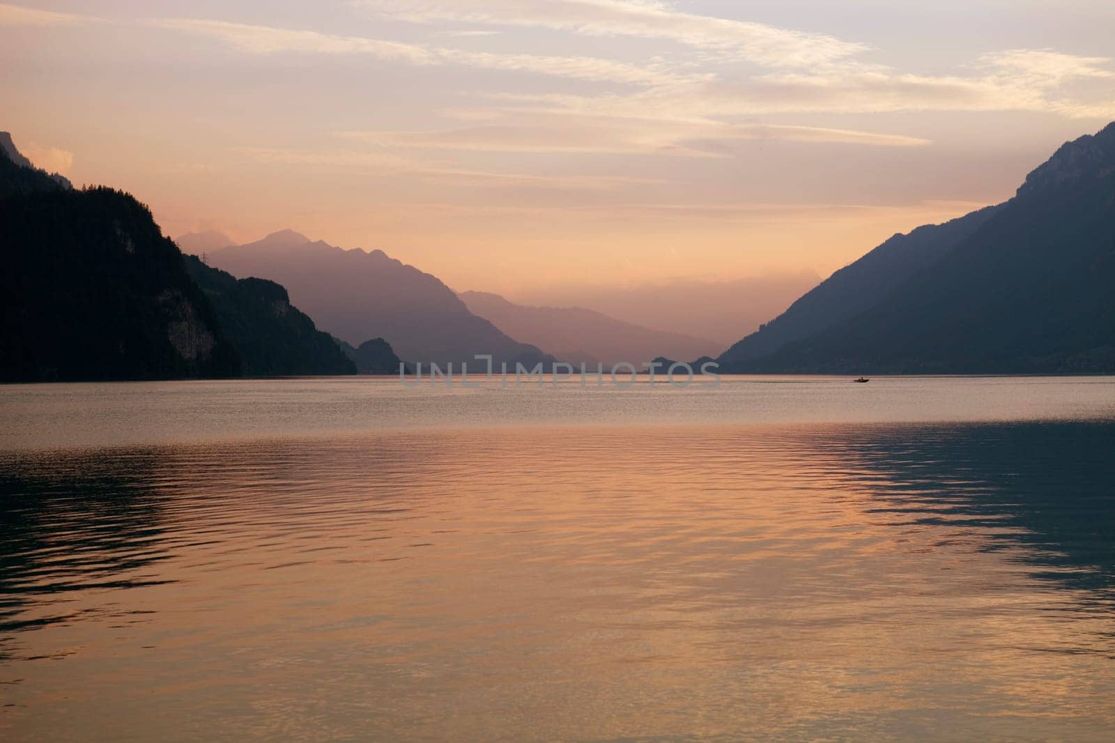 swiss lake at sunset in brienz, Switzerland