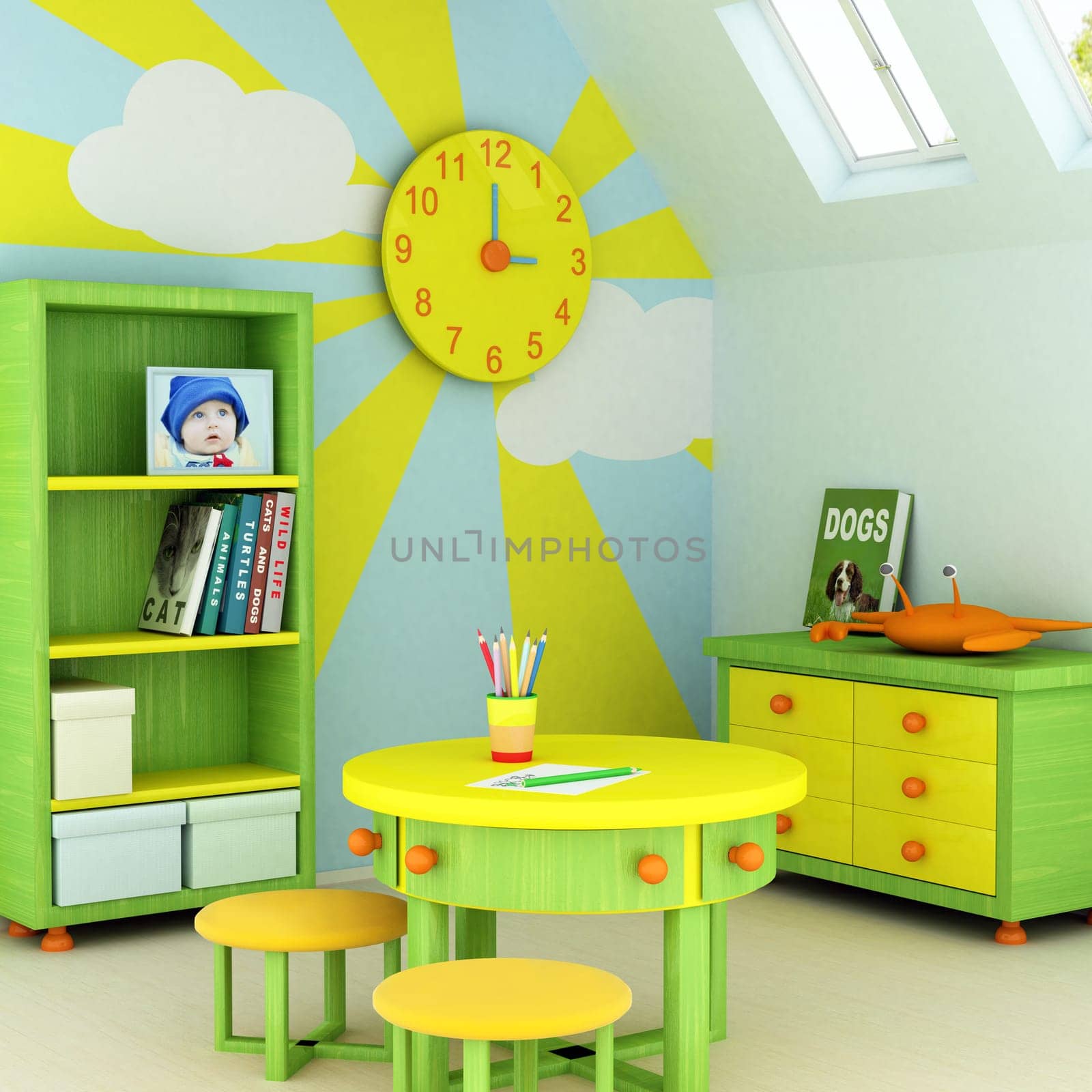 Picture of a baby, design on the wall, picture on the table and book covers are my own images.