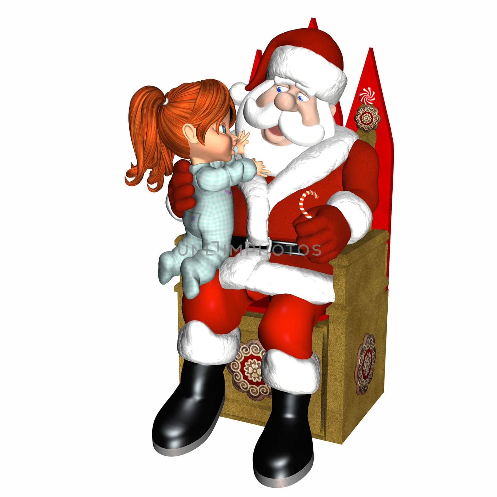 Little girl meeting Santa..Pulling at Santa's beard..Isolated on a white background.